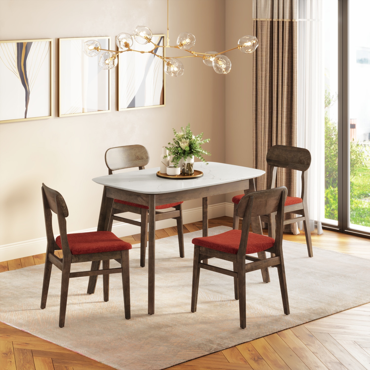 Lunar Solid Wood and Carrara White 4 Seater with 4 Lunar Dining Chair (Finish: Danish Walnut, Colour: Dark Coral) - Urban Ladder