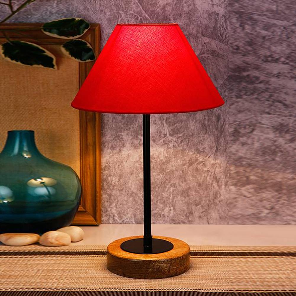 Korbyn Red Fabric Shade Table Lamp with Natural Wood & Iron Base - Devansh