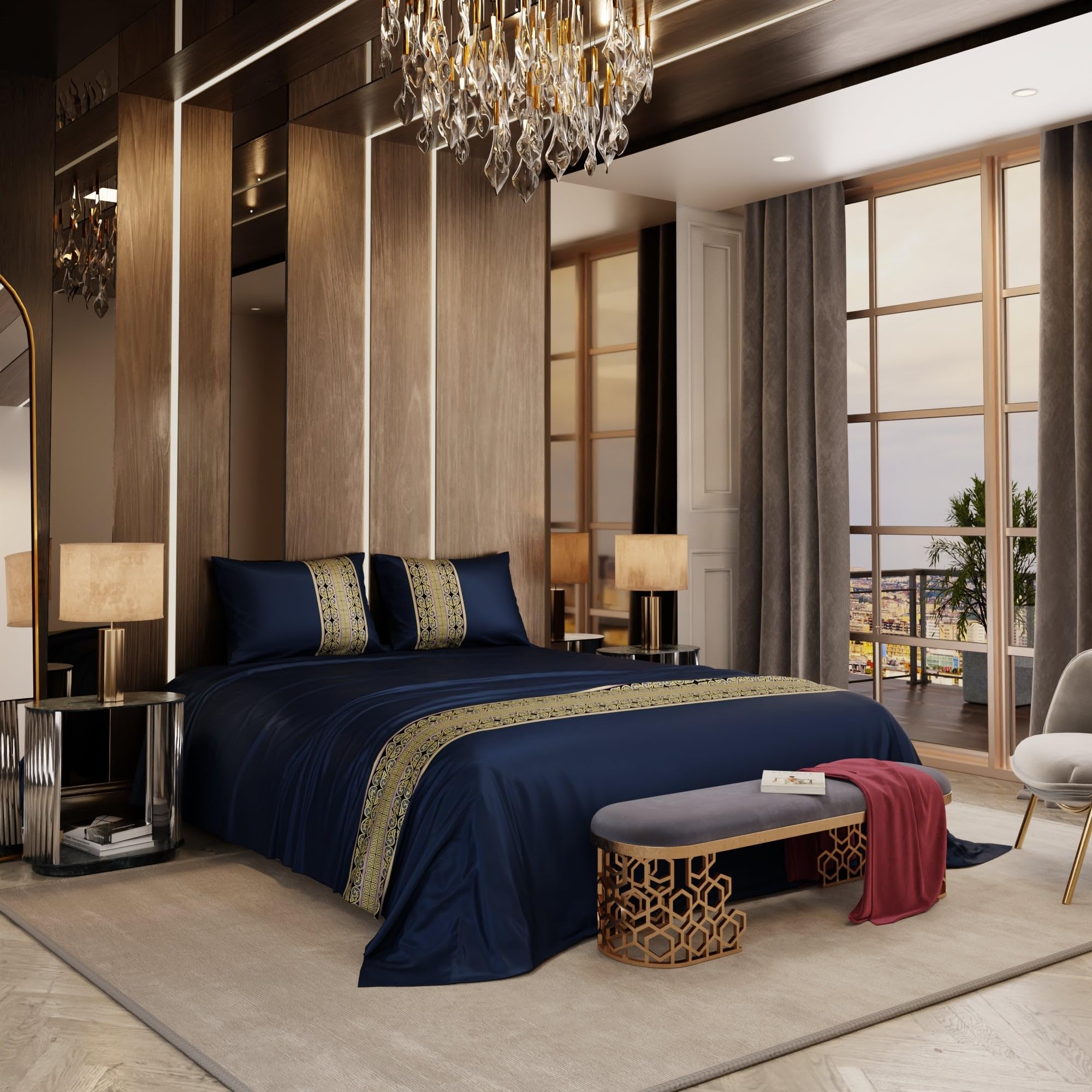Stoa Paris Satin Bedsheet for Super King Bed (274 cm x 274 cm) with 2 Pillow Covers heet for Imperial Indigo Navy - Stoa Paris