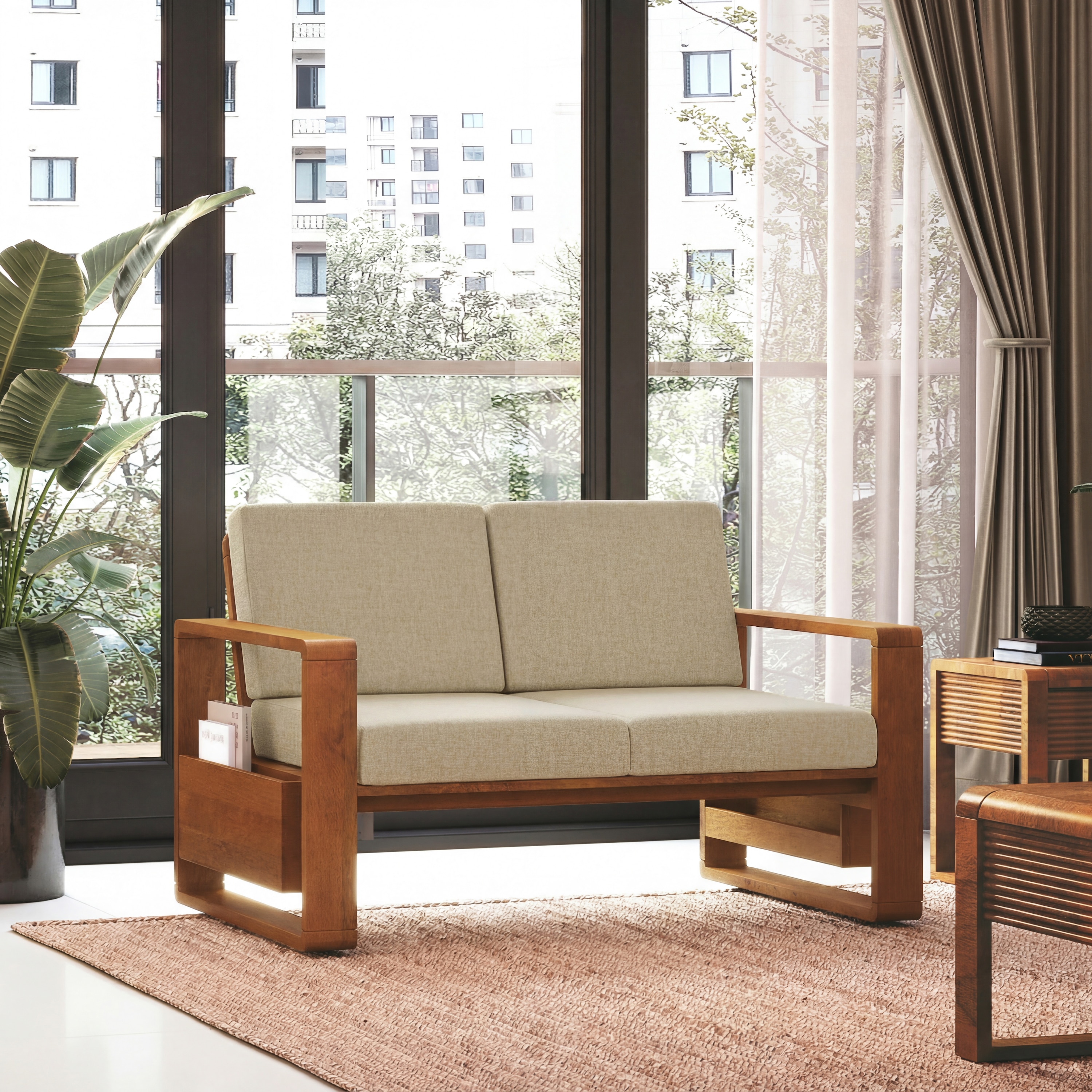 Moreno 2 Seater Solid Wood Sofa in Amber Walnut Finish and Almond Beige Fabric - Urban Ladder