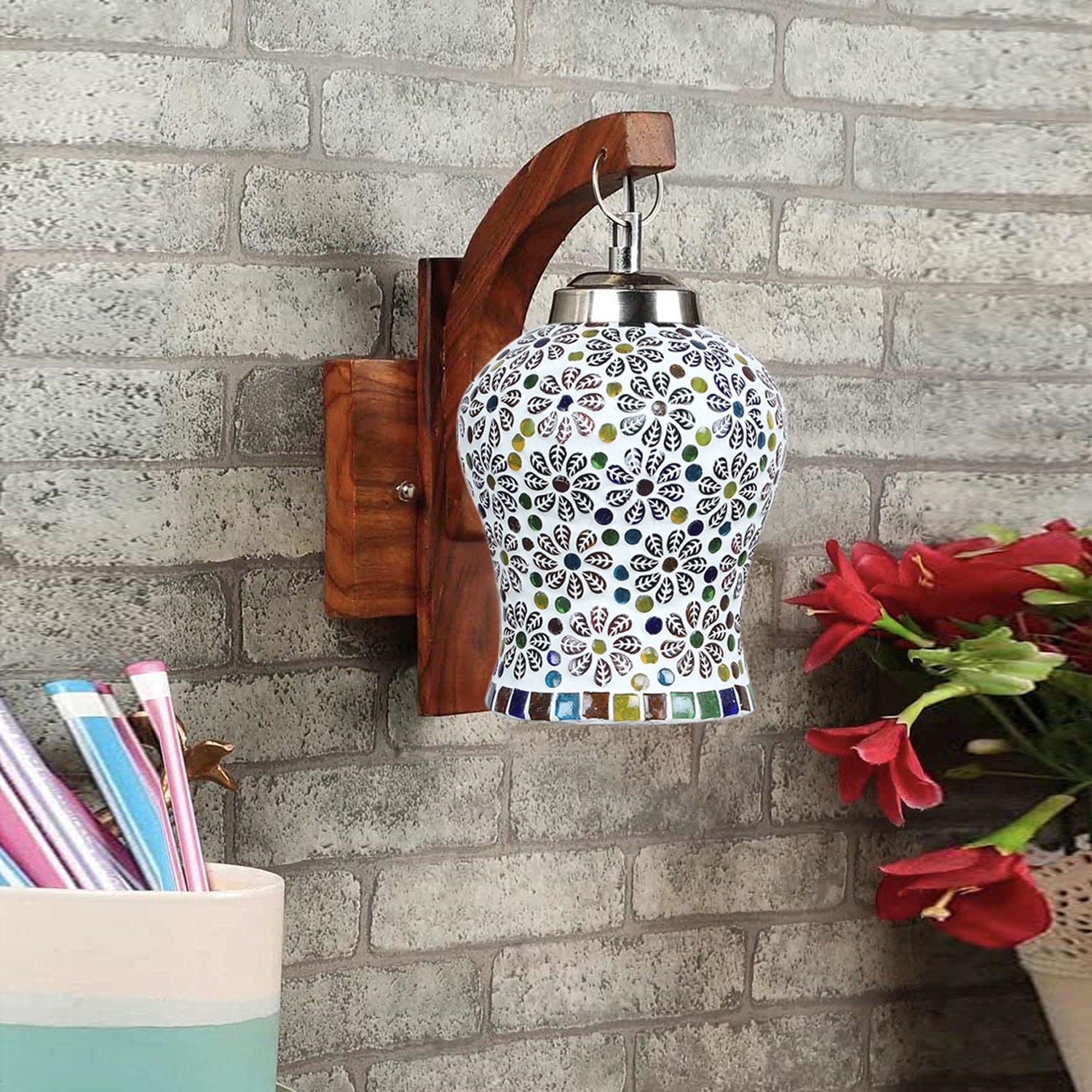 Devansh Solid Wood Electric Wall Light in Brown Colour with Multi Shade Count of 1 Light