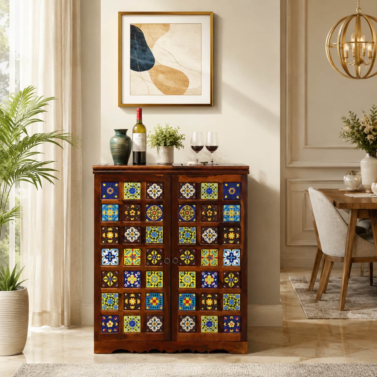 Rangrez Small Sheesham Wood Bar Cabinet in Honey Oak Finish - Woodenmood