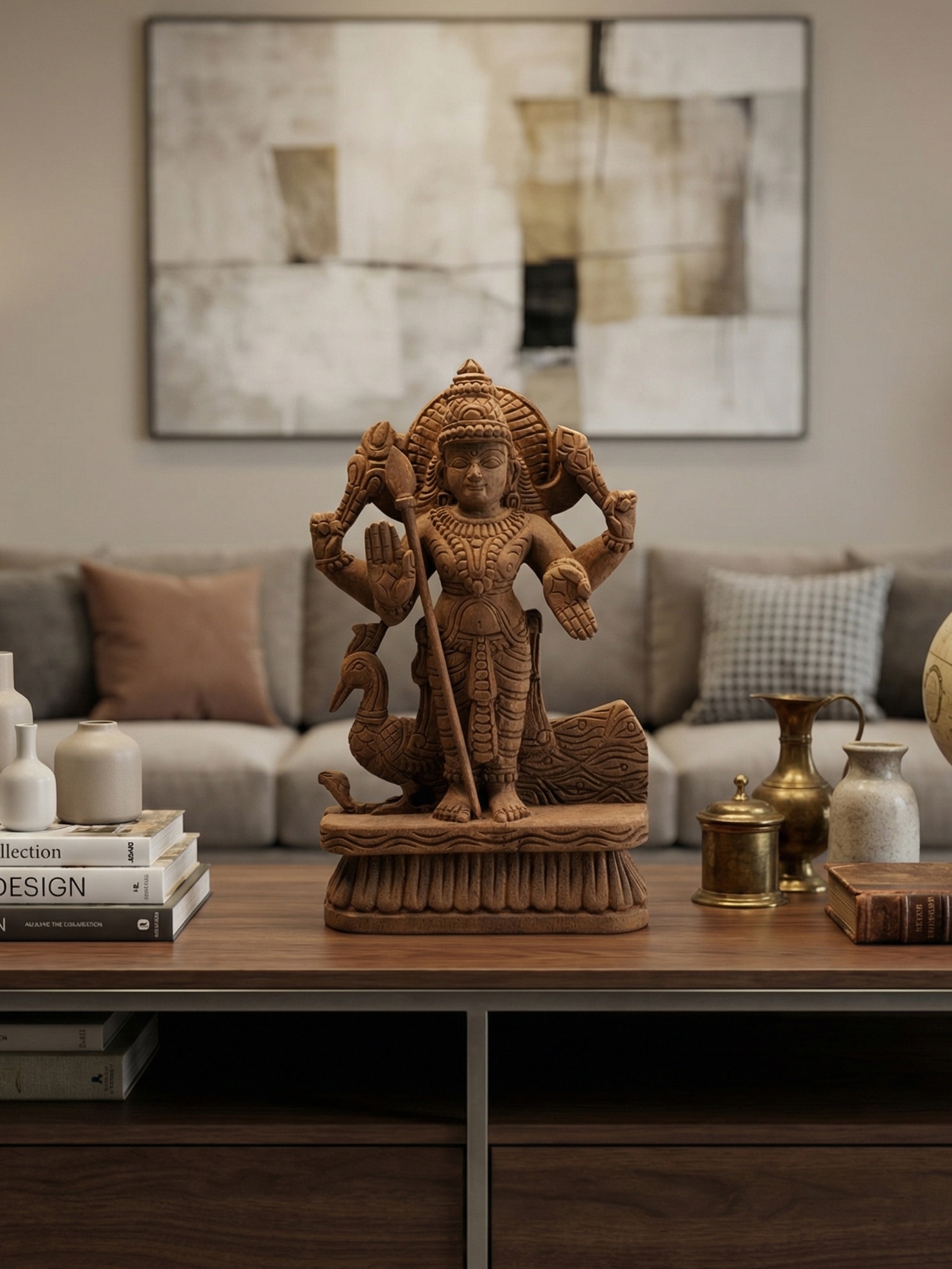 Hand-carved Karthikeya neem wood Swamy idol in traditional Indian craftsmanship