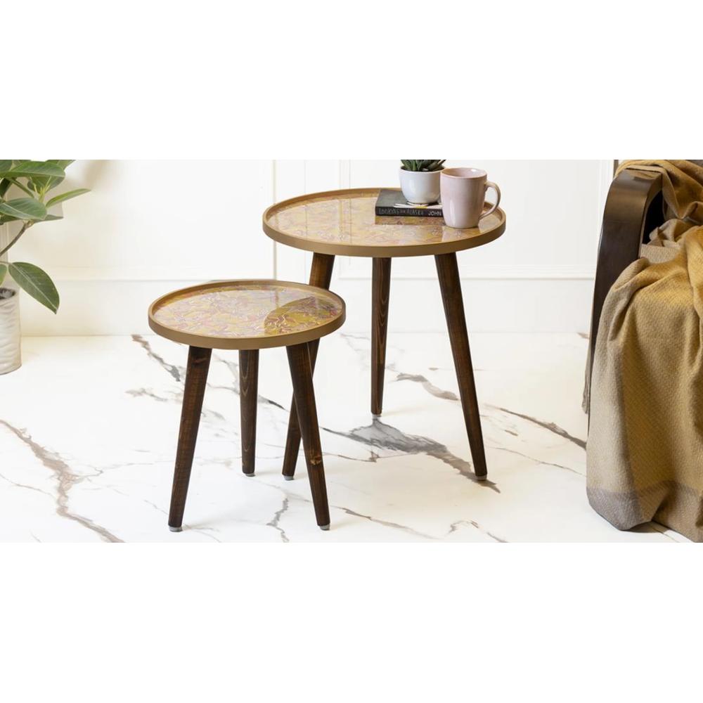 Peach and Gold Floral Round Nesting Tables with Wooden Legs, Side Tables, Wooden Tables, Living Room Decor by A Tiny Mistake