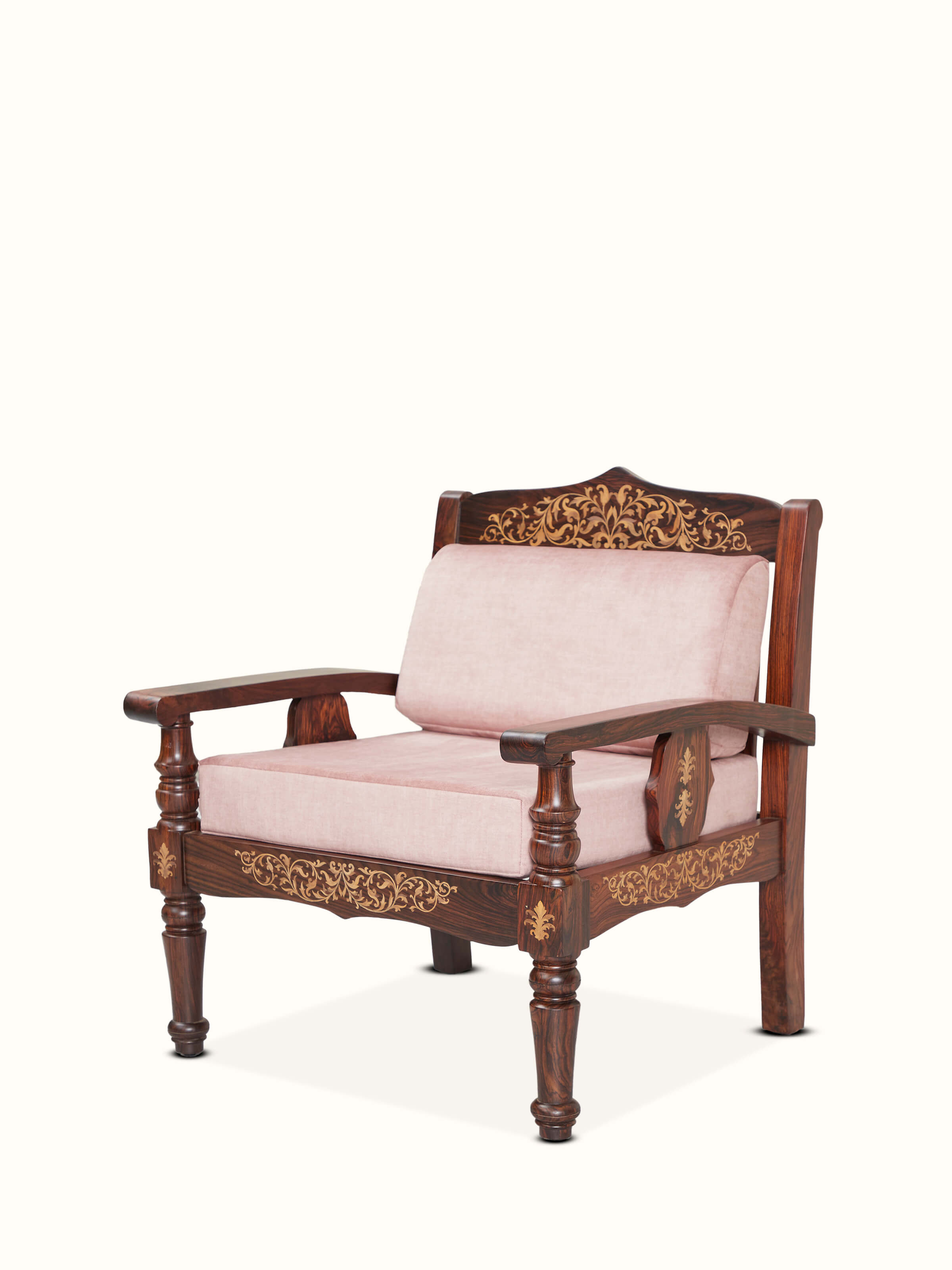 Angled view of Upholstered Mysore Rosewood Inlaid 1-Seater Sofa highlighting the detailed upholstery