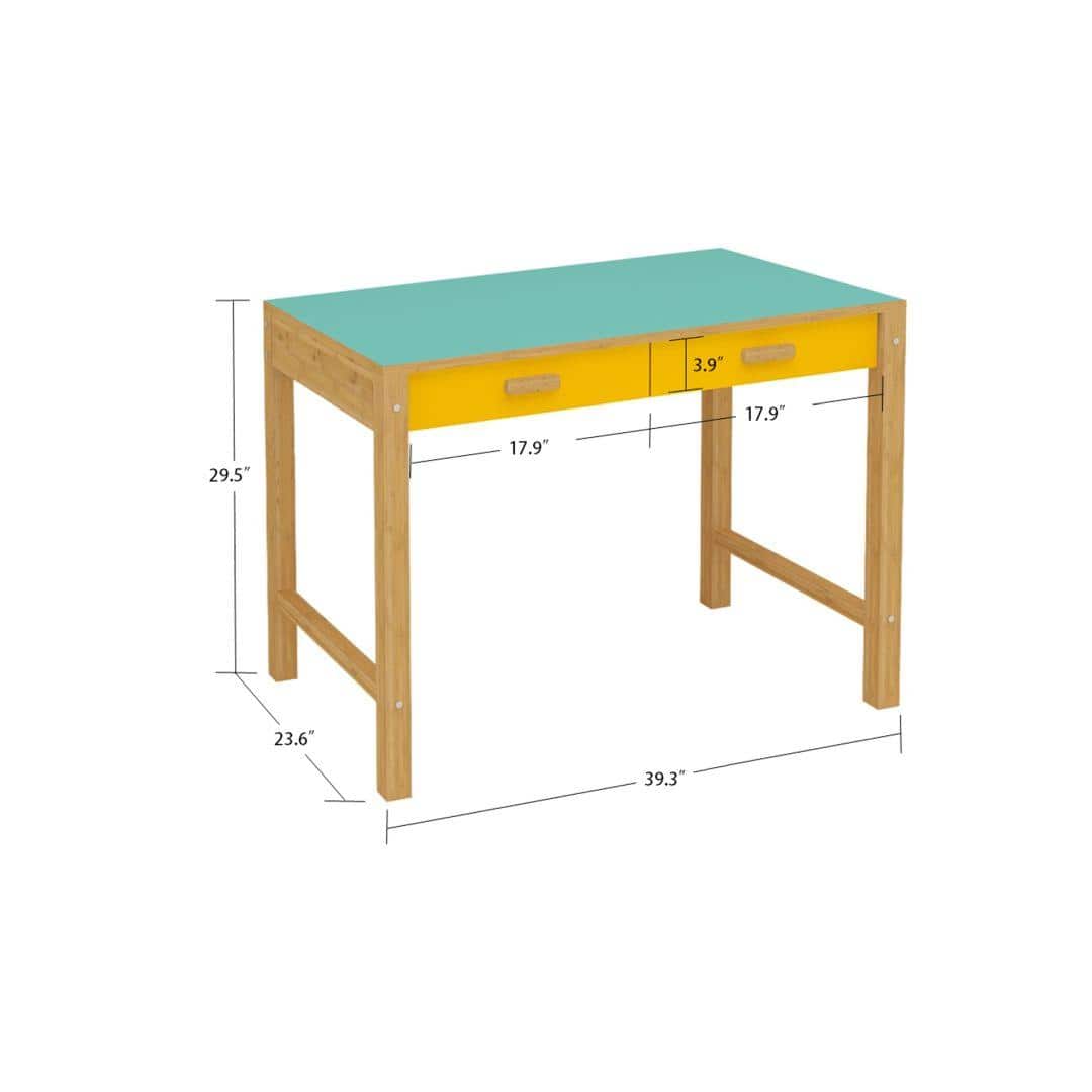 Exotica Kids Solid Wood Study Desk with Drawers and Wooden Handles in Misty Turquoise Mango Yellow Colour
