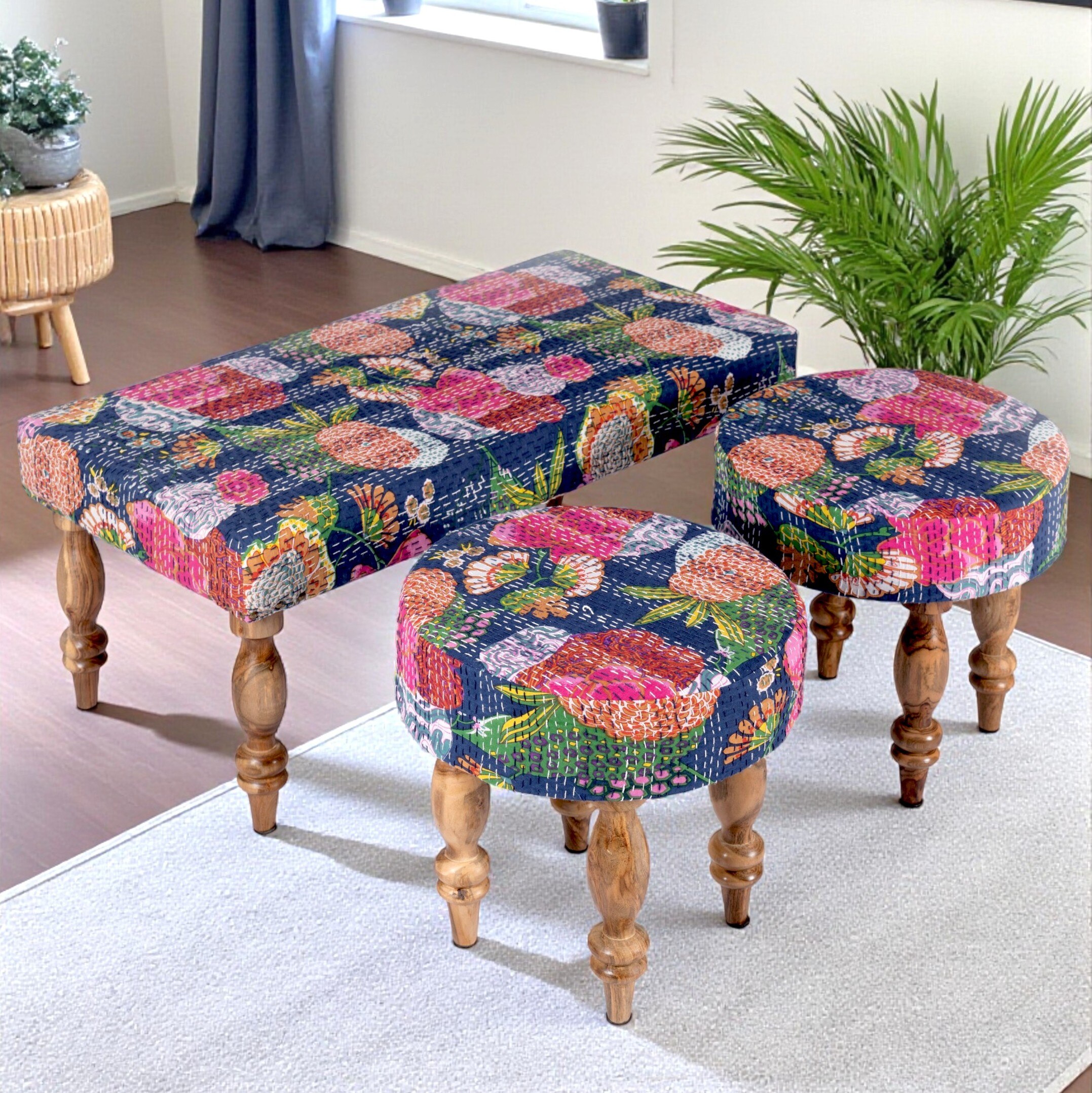 Bestone Sheesham Wood Mid Century 2+1+1 Seater Bench Set With 2 Stools In Fruit Print Blue Kantha