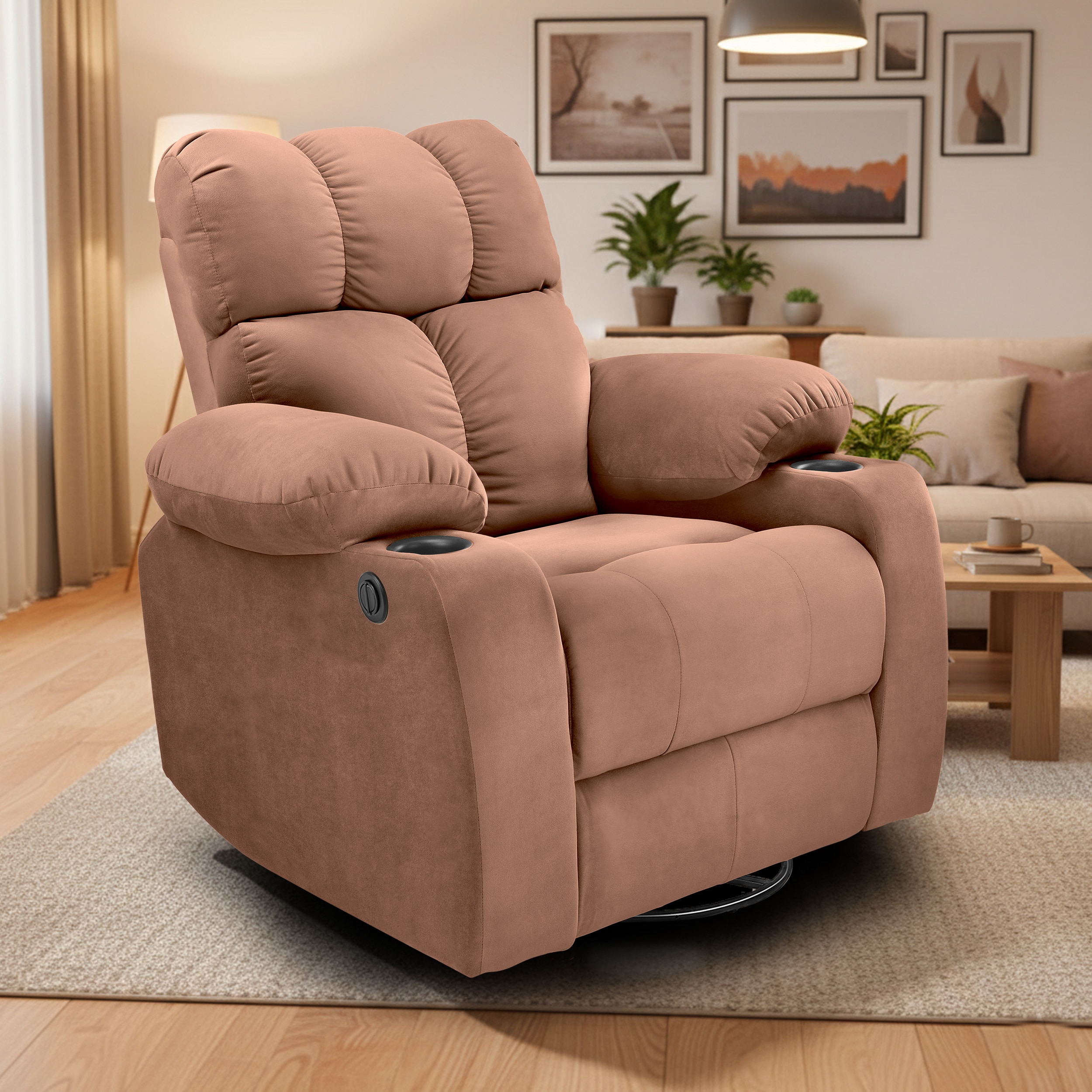 Helios Fabric One Seater Motorised Recliner with Rocking Revolving & Cup Holder in Brown Colour - Little Nap Design