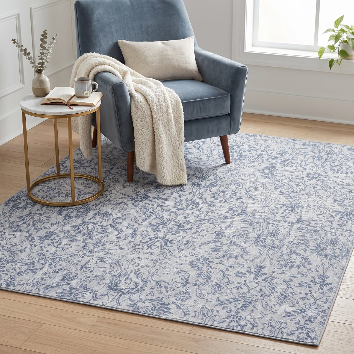 Neulooms Handloom Knotted Reversible Flatweave Square Rug Blue or Ivory 6x6