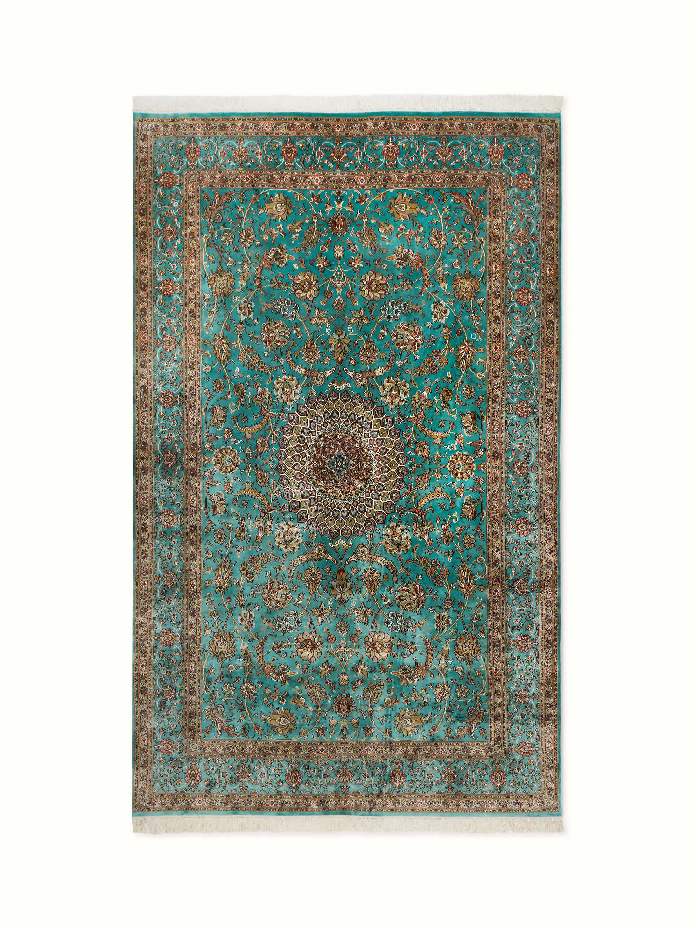Front view of hand-knotted Tabriz Kashmir silk carpet in regal blue with intricate floral medallion design