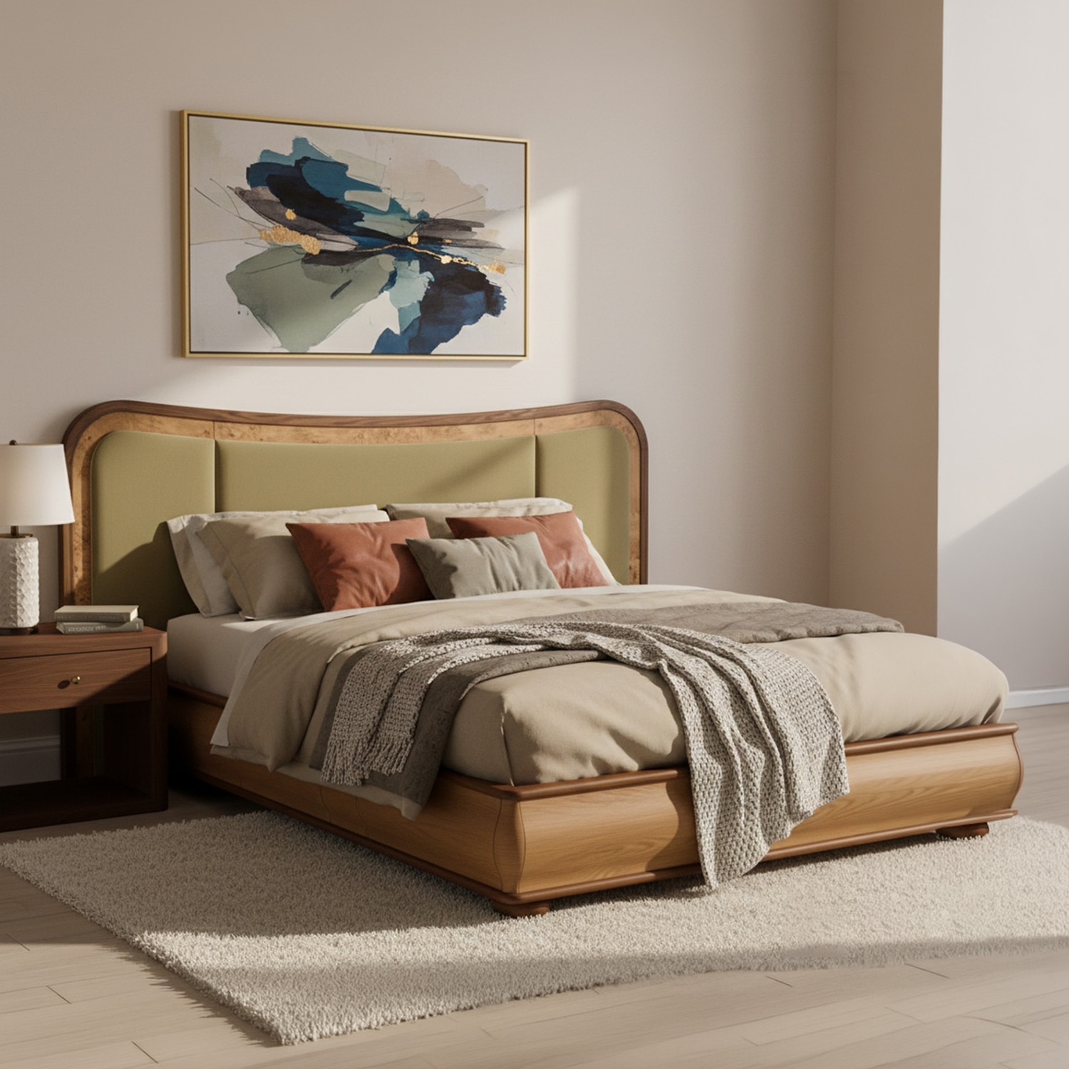 Elowen Softline Queen Size Bed in velvet With Oak wood Frame & Hydraulic Storage - Nestroots
