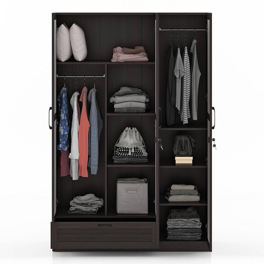 Bennis Engineered Wood 3 Door Wardrobe Without Mirror in Dark Walnut Finish