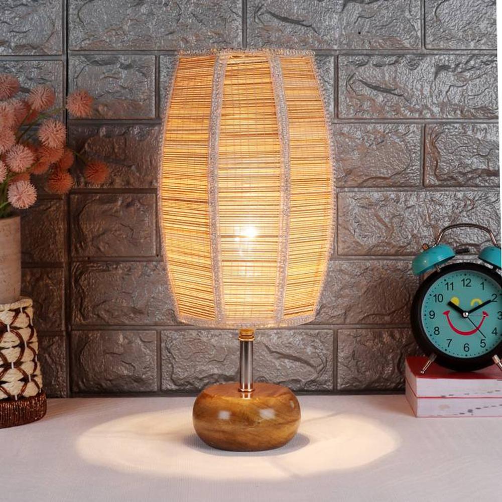 Louise Beige Bamboo Shade Table Lamp with Natural Wooden Base