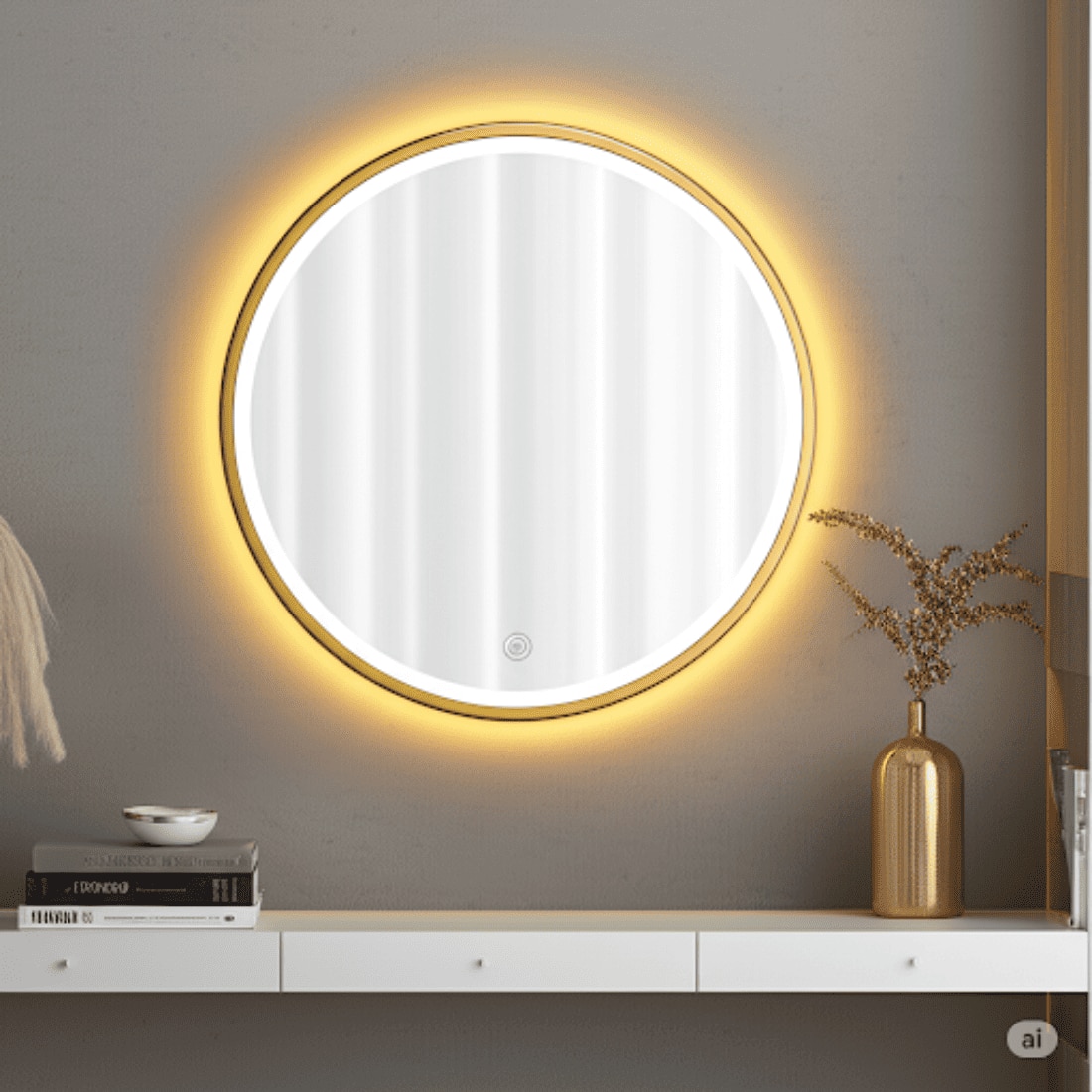 Round LED Mirror with Gold Aluminium Frame Modern Circular Vanity Mirror
