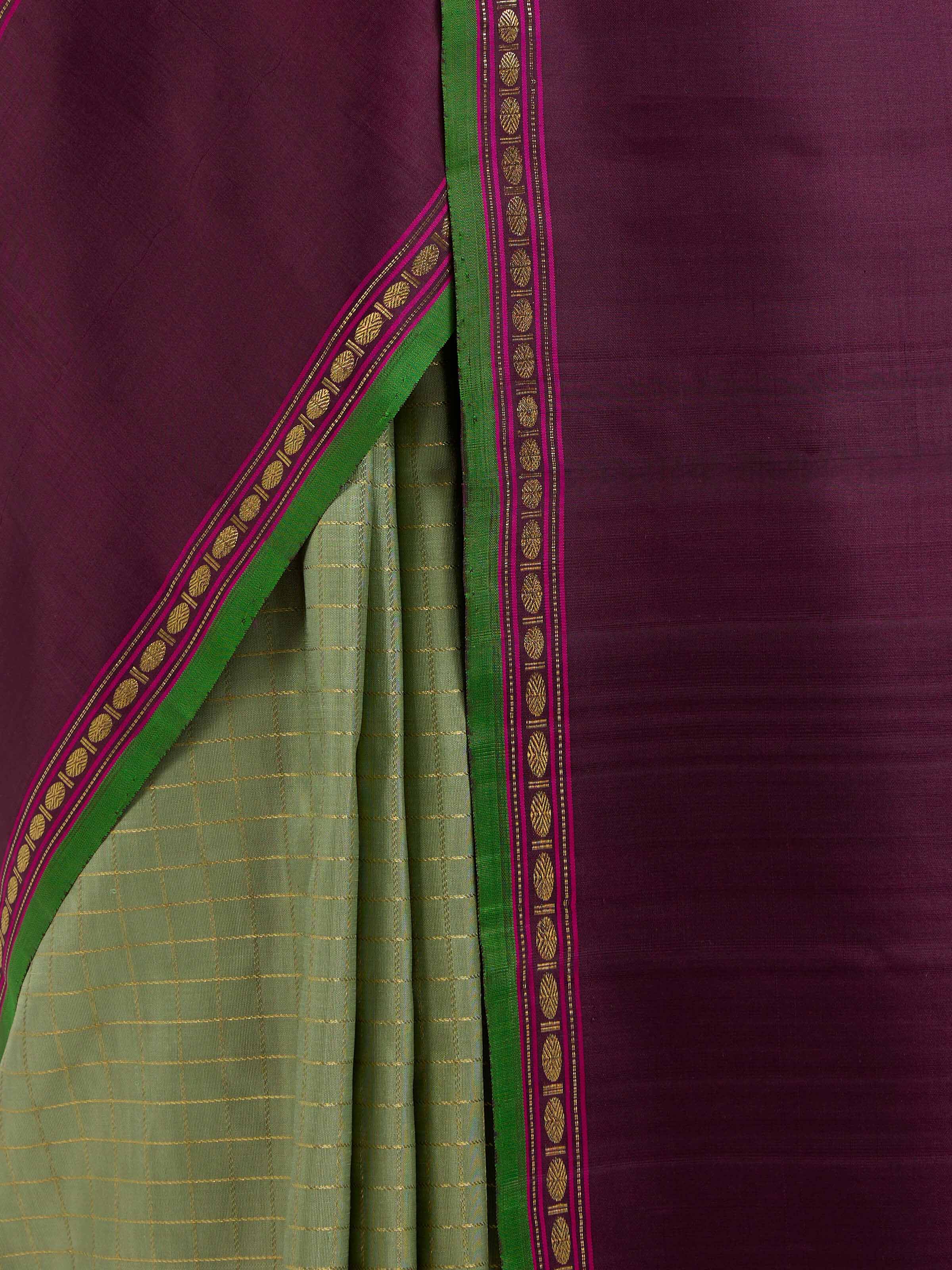Detail view of grey silk Kancheepuram saree showing silk texture and weave patterns
