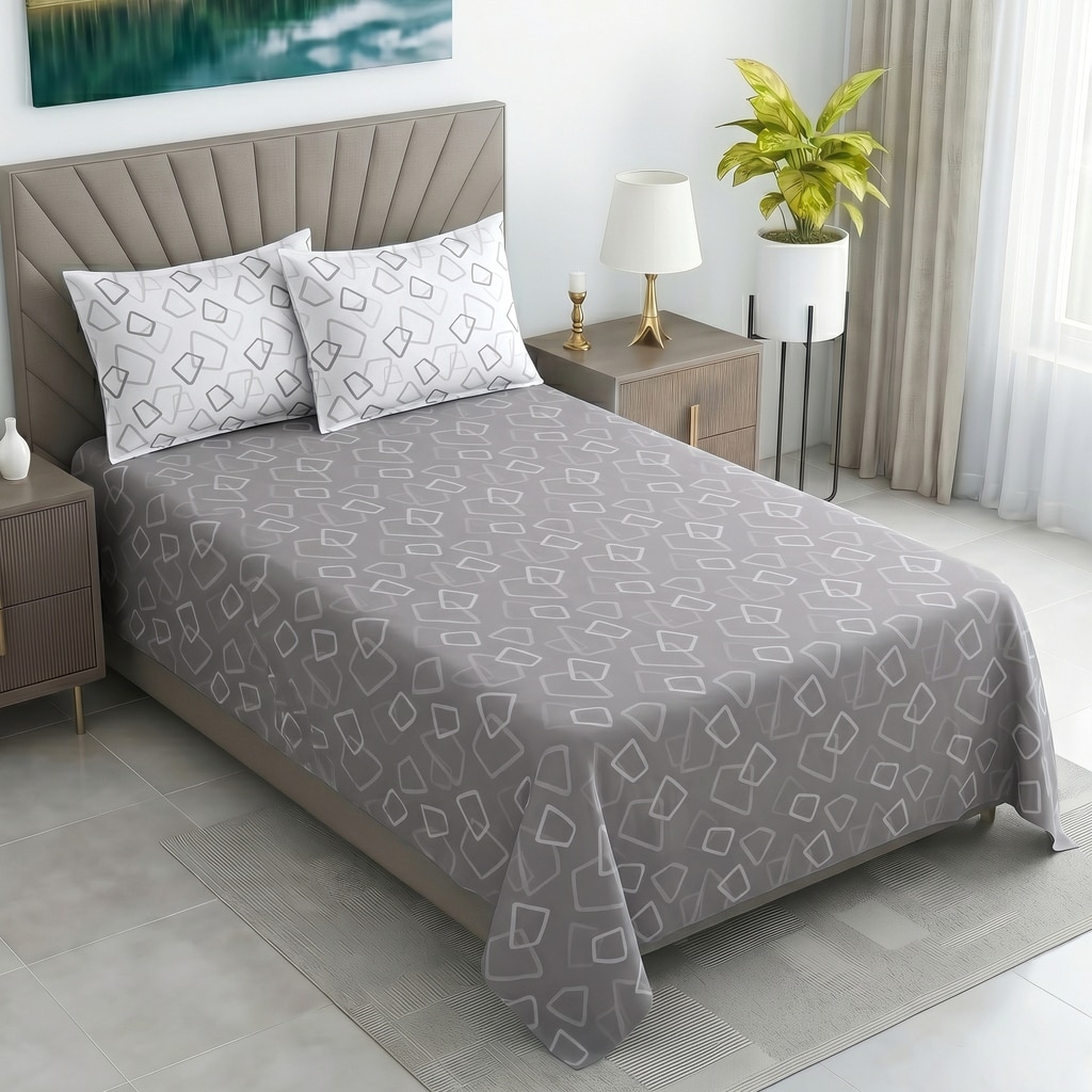 Grey And Whitegeometric Cotton 400 Tcflat Single Bed Size Bedsheet With 2 Pillow Covers - Threads