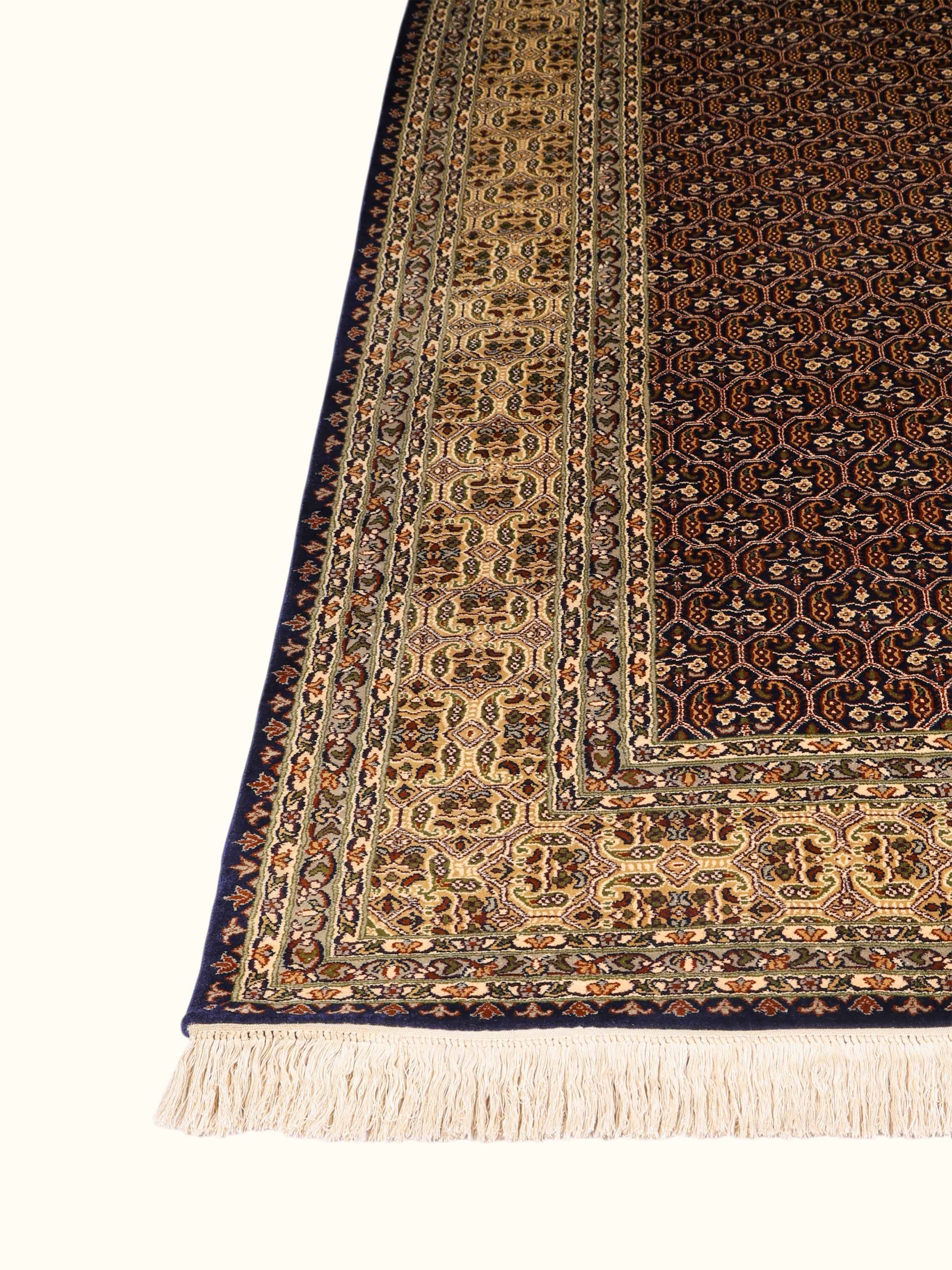 Traditional Persian Navy Ivory Senneh Kashmir Silk Hand-Knotted Carpet