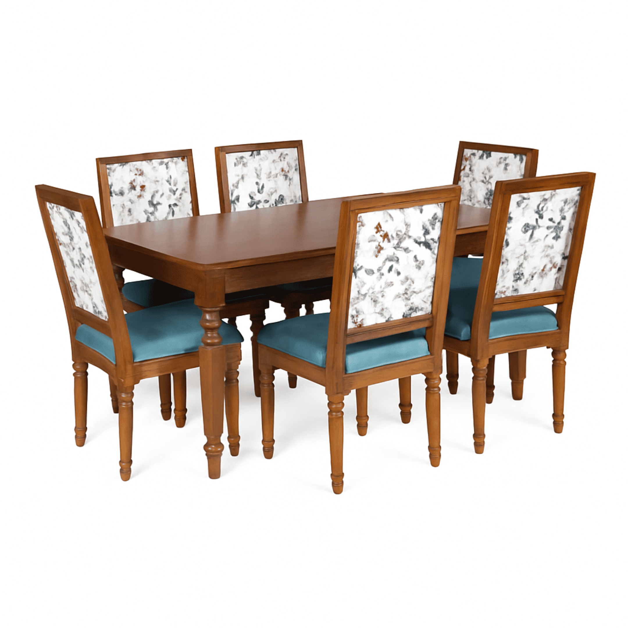 Globally Indian Sheesham Wood Turning Leg 6 Seater Dining Table Set With 6 Solid Wood Upholstered Chairs –  In Blue Color