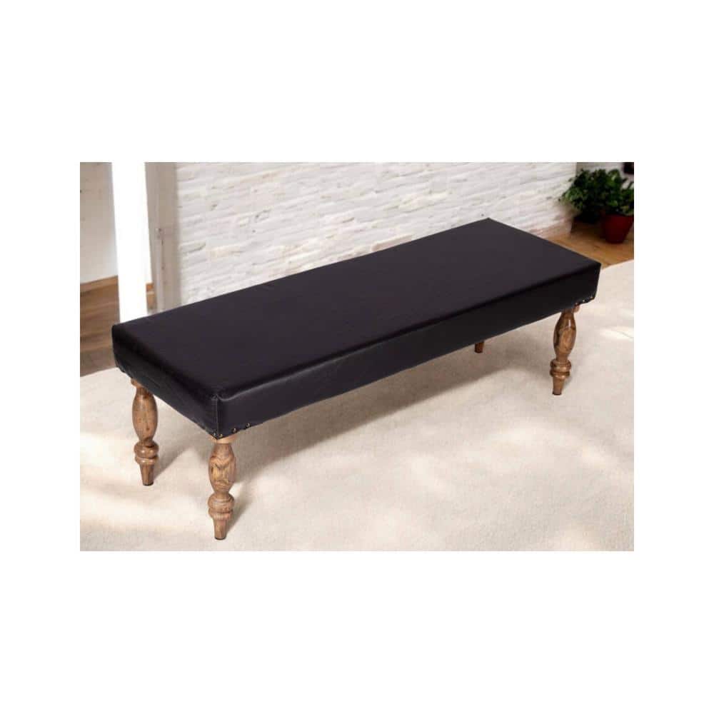 Cairo Sheesham Wood Accent 3 Seater Bench In Black Leatherite