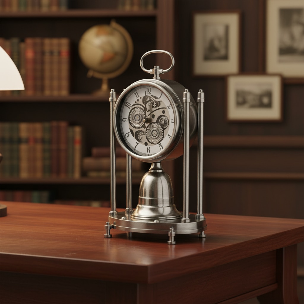 Vintage Industrial Steampunk Table Clock Silver Antique Finish with Visible Gears - Elare