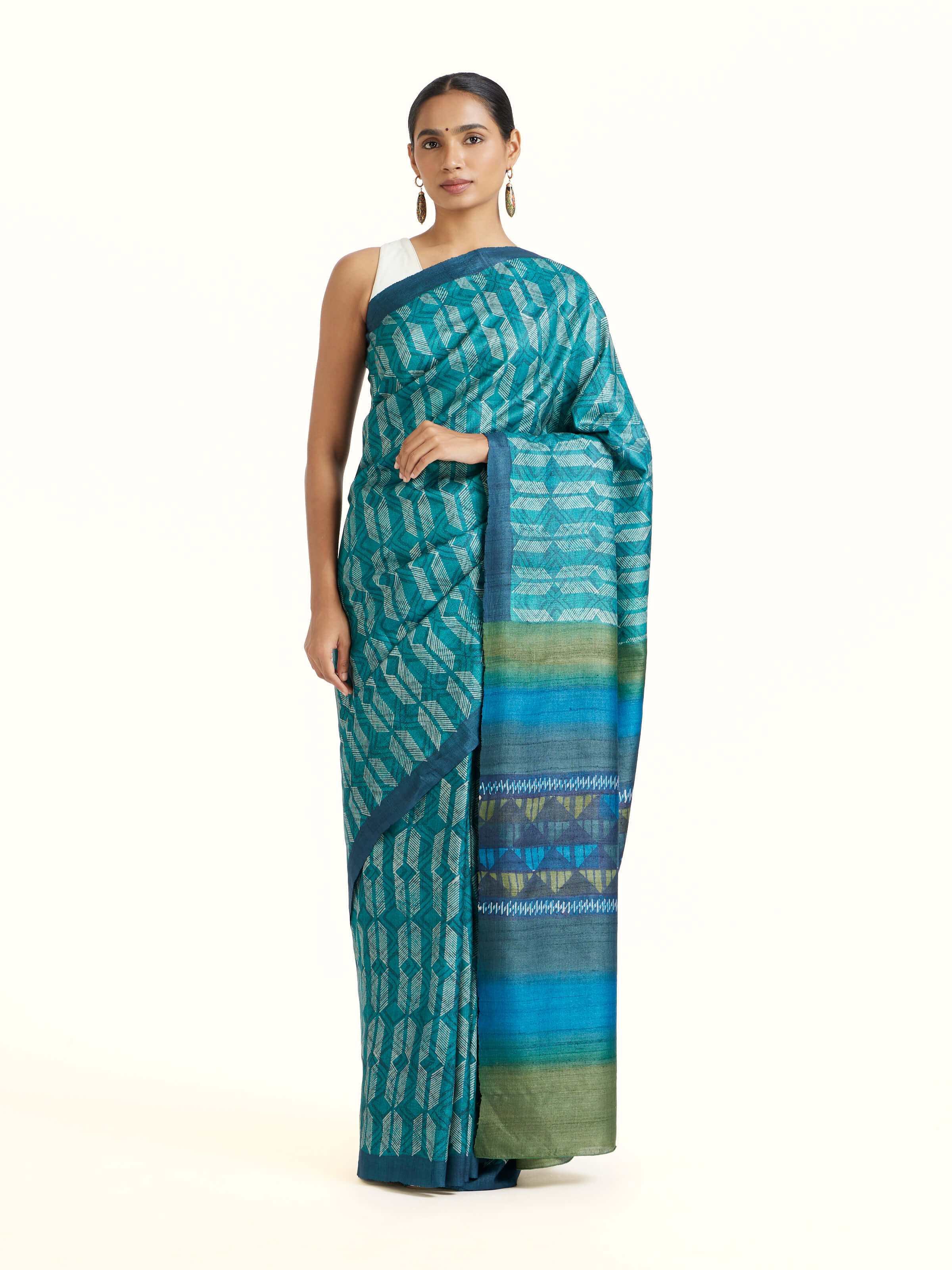 Sea Green Tussar Silk Discharge Block Printed Saree