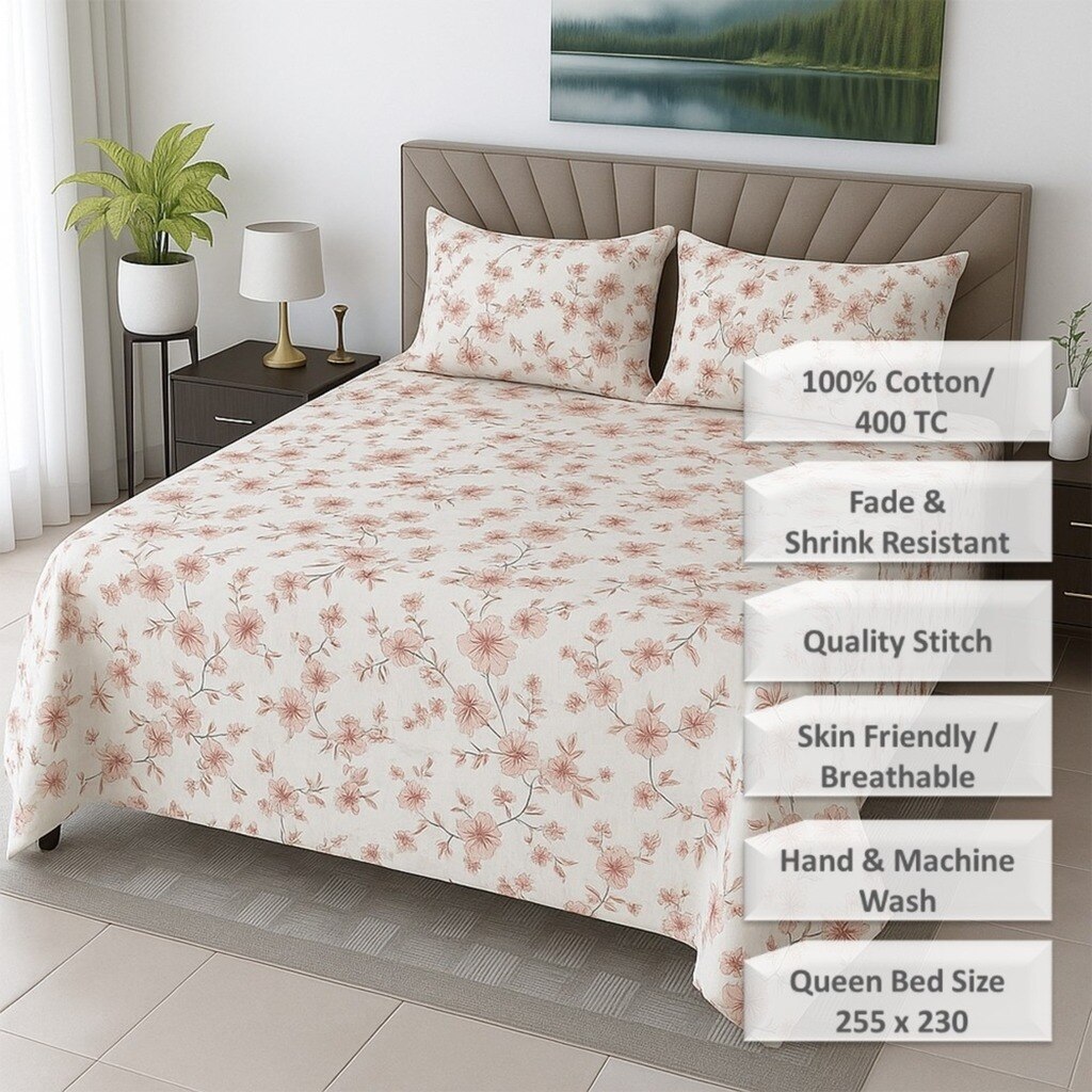 Cream Floral 400 TC Cotton Flat Queen Size Bedsheet With 2 Pillow Covers  Threads
