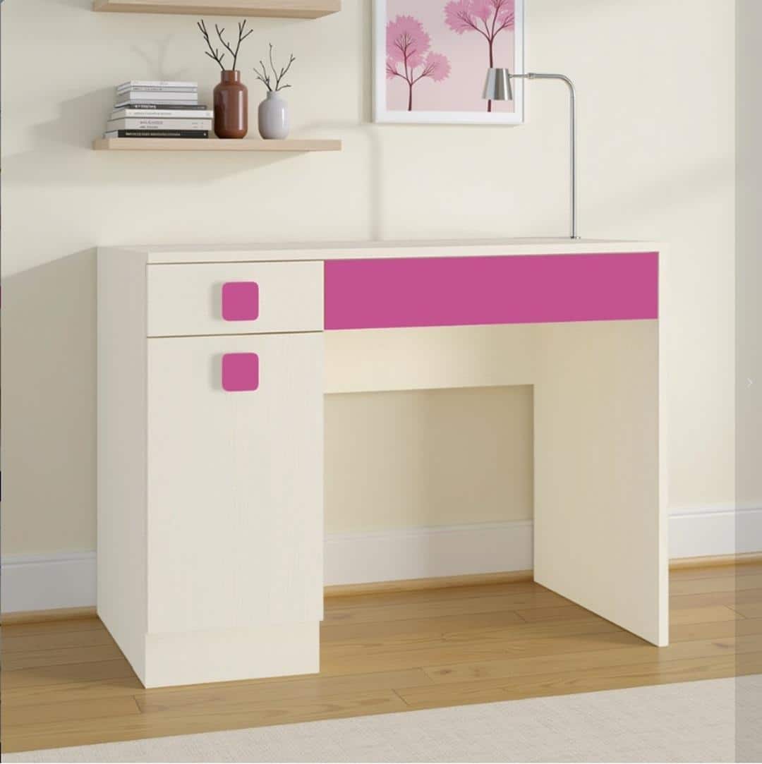 Kristina Kids Study Desk with Shuttered Cabinet and 2 Drawers in Light Wood Barbie Pink Colour