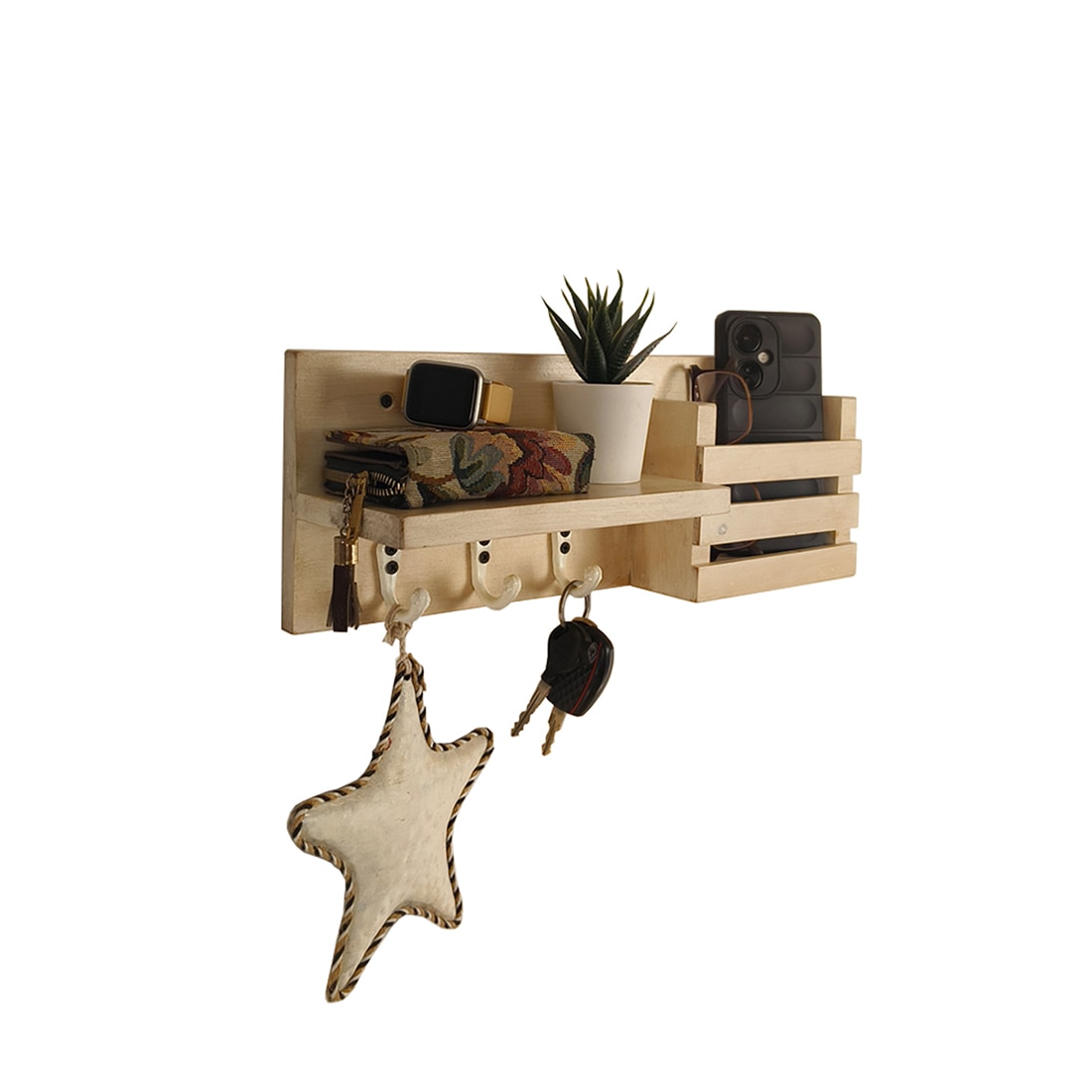 Tulip Wooden Wall Shelf Organiser With Key Holders-image-29
