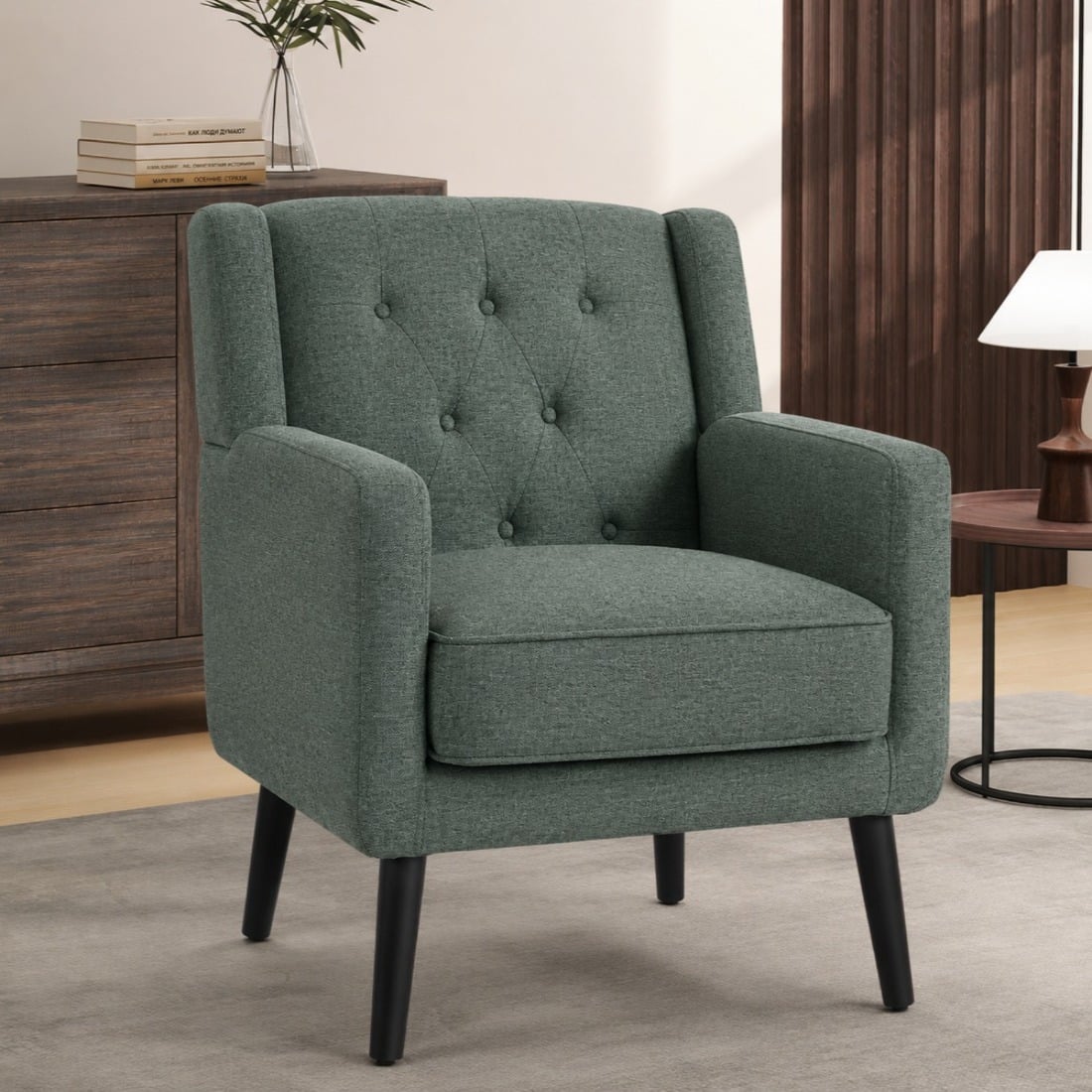 Carola Boucle Button Tufted Accent Chair Forest Green Colour