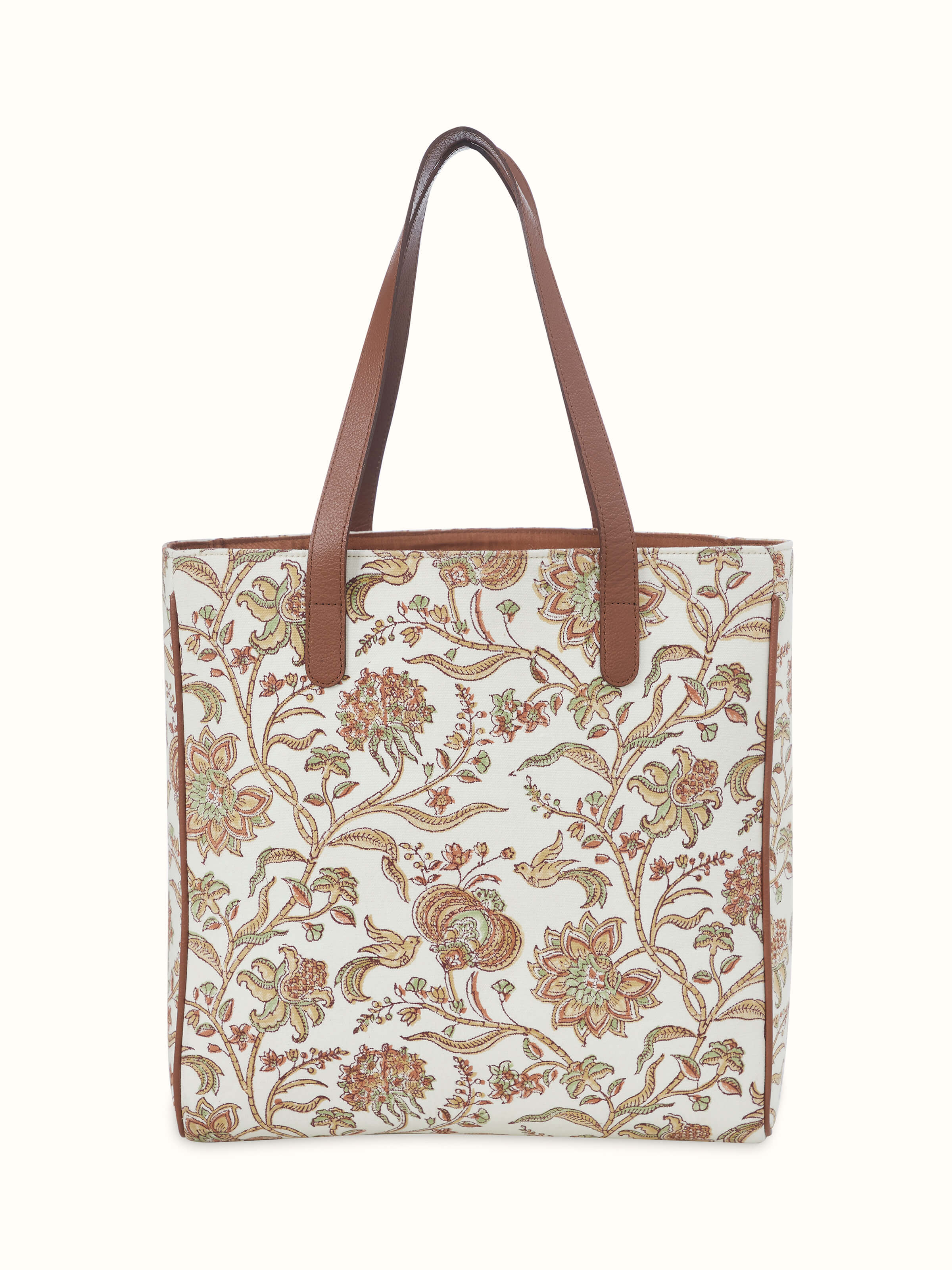 Front view of Leather & Textile Hand Block Printed Tote Bag showcasing artisan hand block prints on leather panels.
