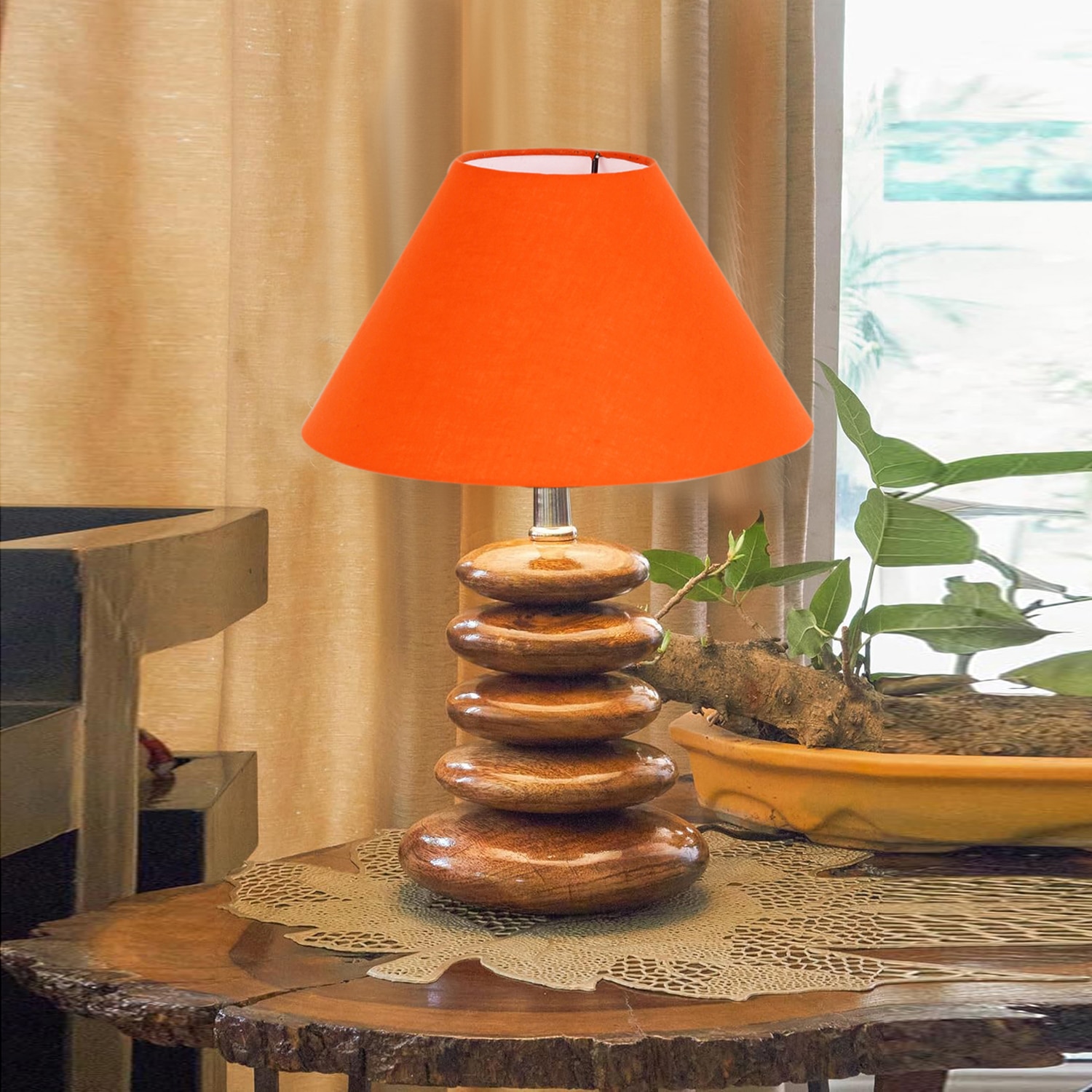 Devansh Orange Cotton Table Lamp With Wood  Pebble Lamp  (10X10X15) Inches - Devansh