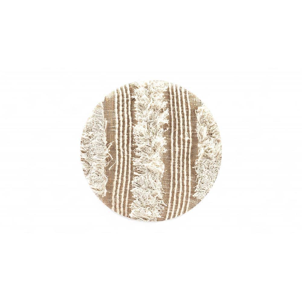 Louisville Acacia Wood Mid Century Round Pouf Stool in Beige Fabric