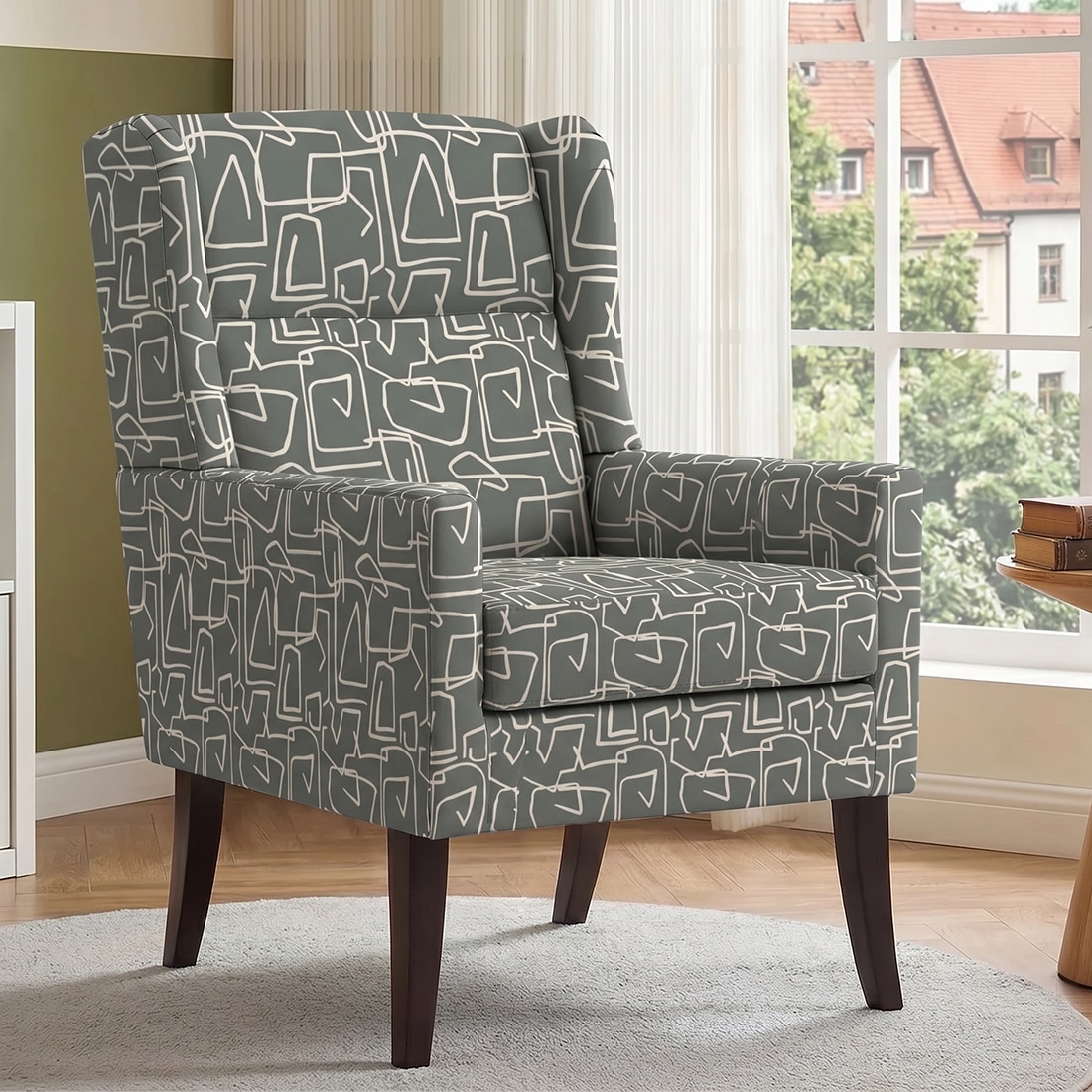 Joan Printed Canvas Geometry Fabric Wing Chair in Green Colour - KURSIWALLAH