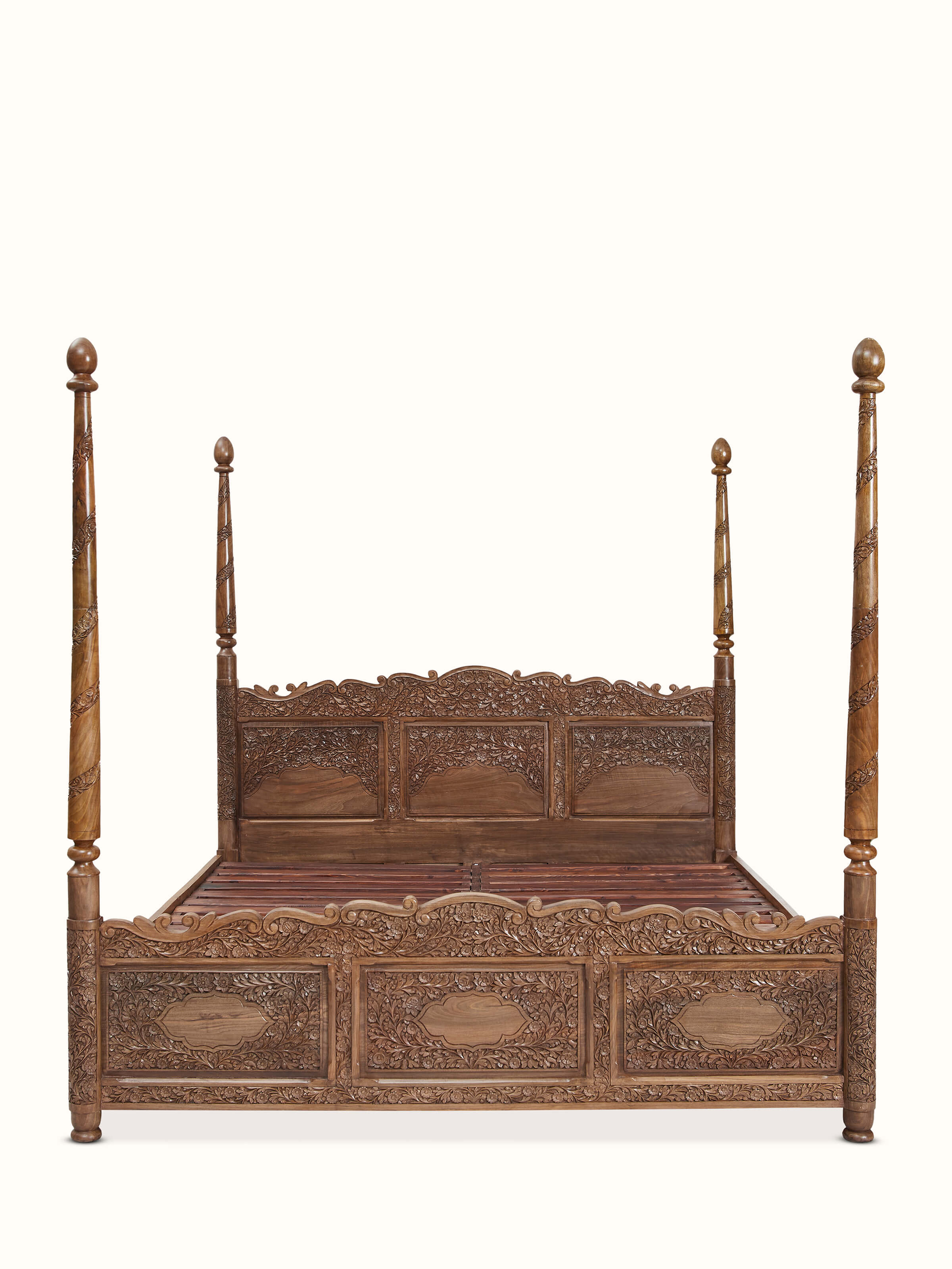 Front view of Carved Walnut Wood Poster Bed featuring intricate woodwork and classic design elements