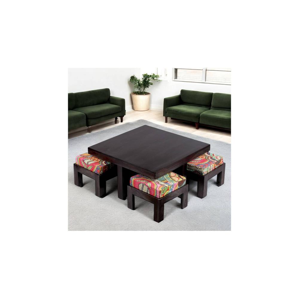 Blane Sheesham Wood Coffee Table With 4 Stools Set In Mahogany Finish & Multi Colour Israel Print Kantha Fabric Cushions