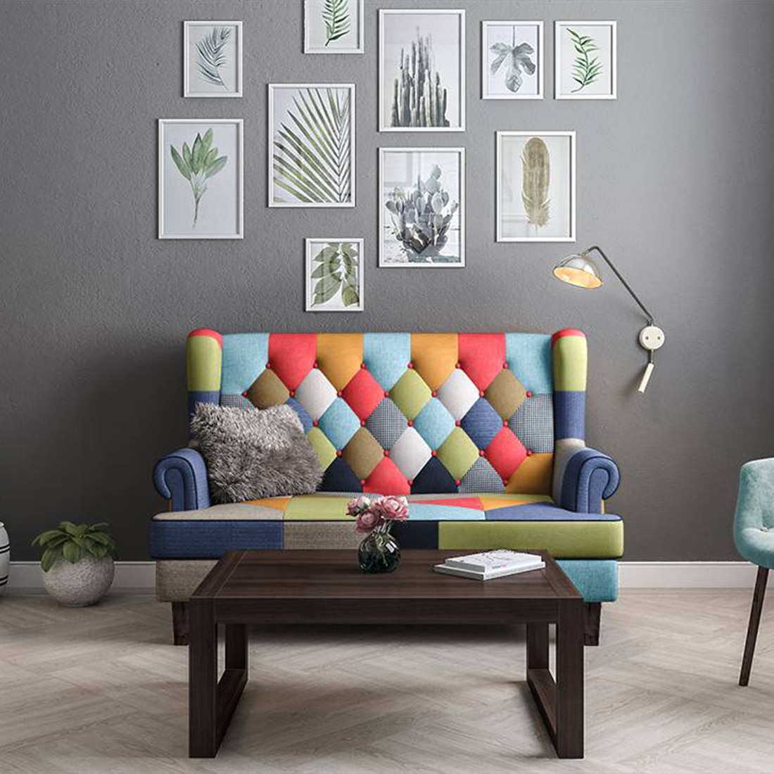 Minnelli 2 Seater Fabric Loveseat In Retro Patchwork Colour