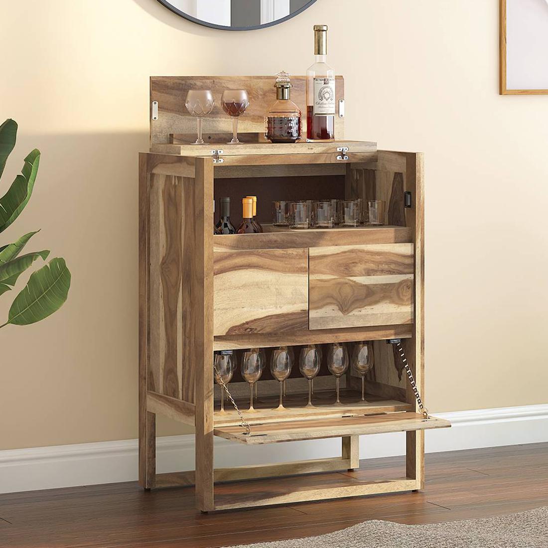 Macallan Solid Wood Bar Cabinet in Honey Oak Finish