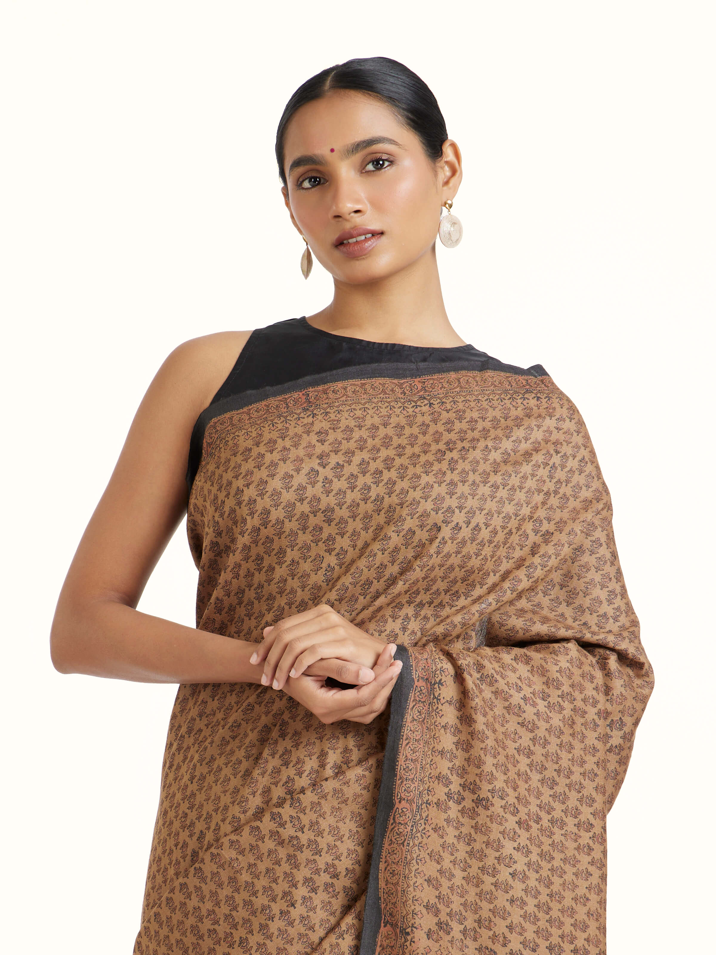 Beige Tussar Muga Silk Bagru Block Printed Saree