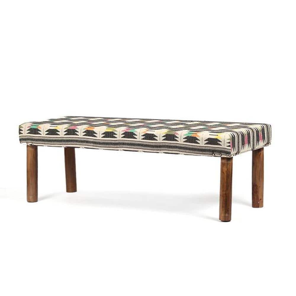 Asteria Solid Wood 2 Seater Bench In Stripe White Jackard Fabric