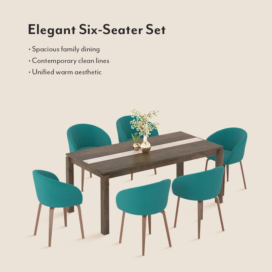 Atlas Crest Solid Wood 6 Seater Dining Table with 6 Meryl Lounge Chair
