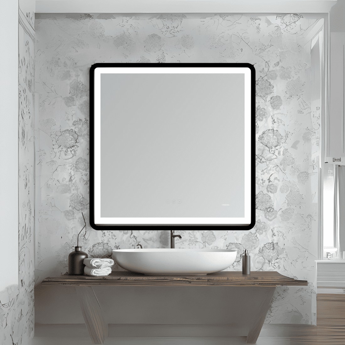 Modern Square Wall LED Mirror with Anodized Aluminum Frame Rose Gold Matte Black Brushed Silver