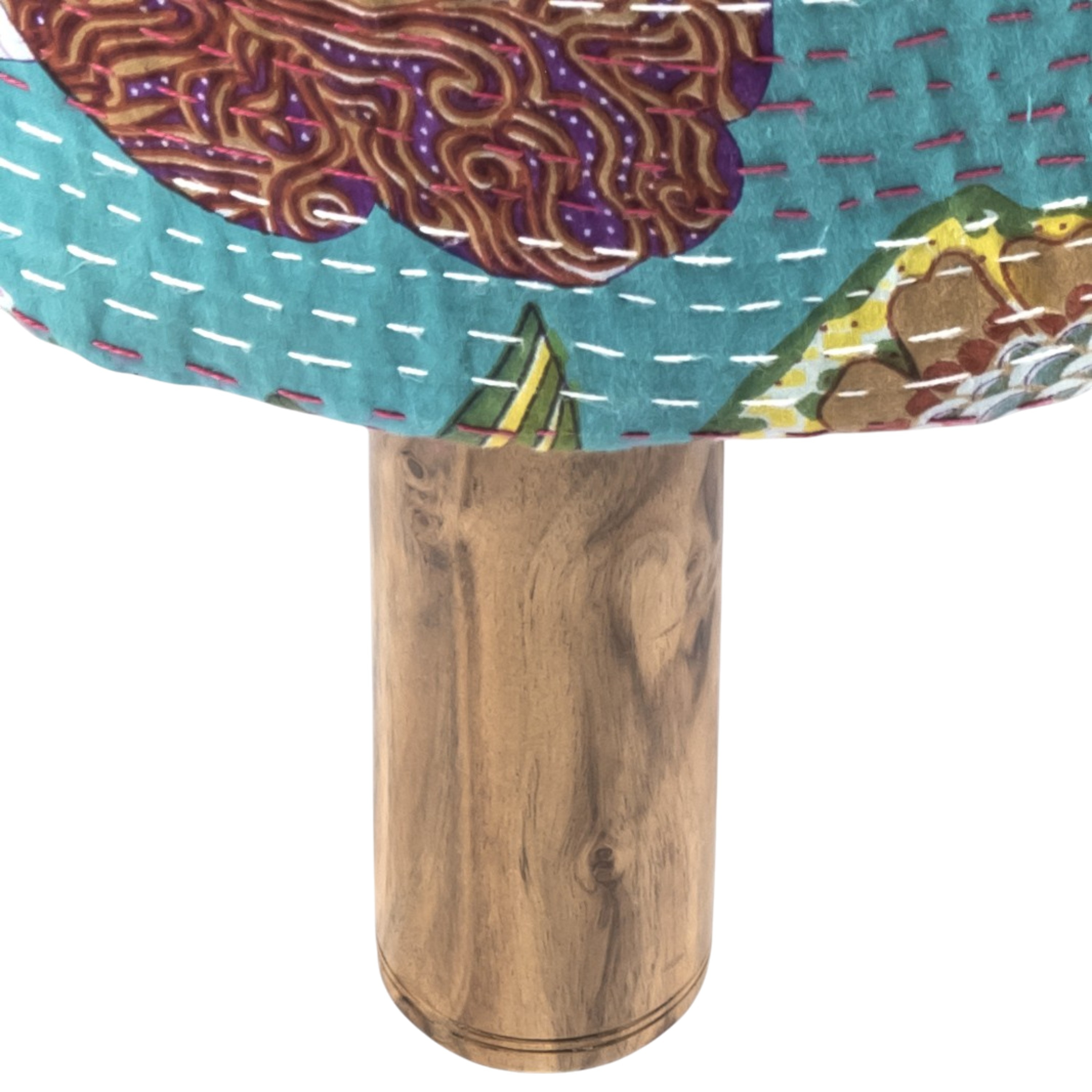 Morgan Solid Wood Pouf Stool in Floral Print Green Kantha Fabric