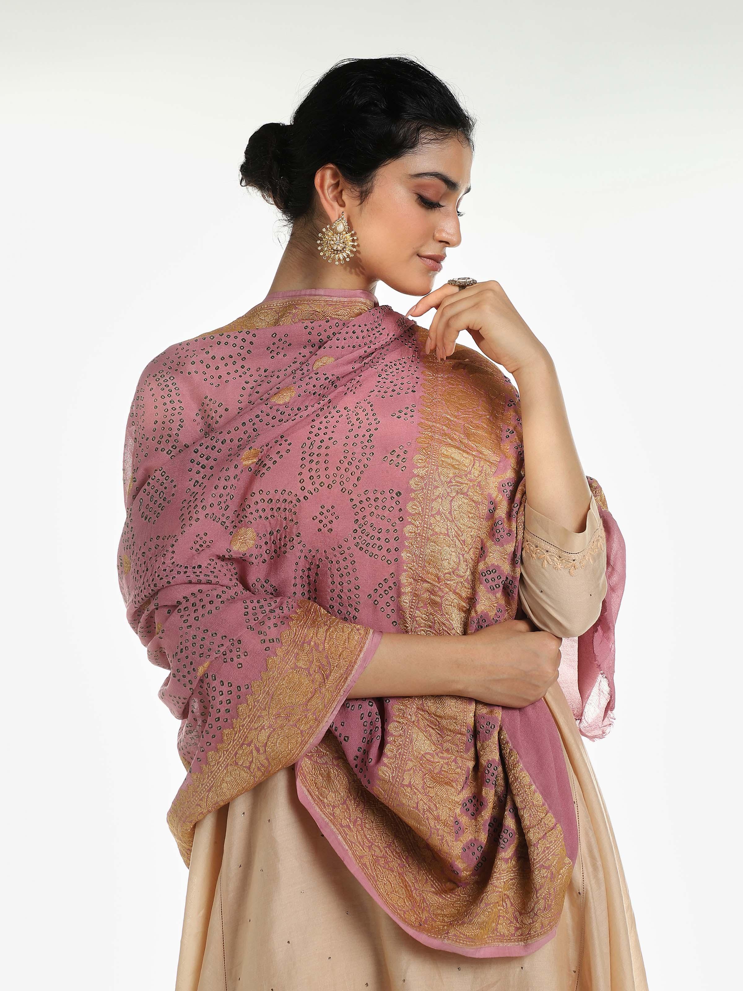 Pastel Pink Banarasi Crepe Bandhani Tie & Dye Dupatta