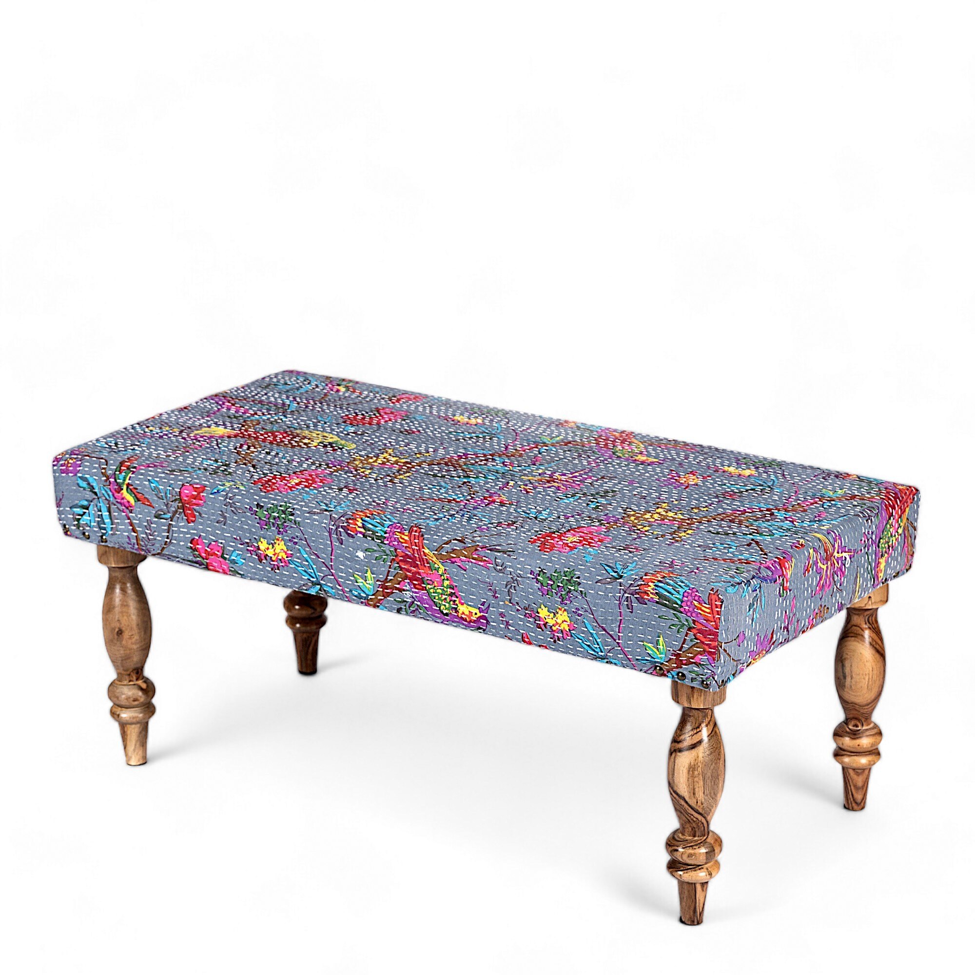 Bestone Solid Wood Bench In Bird Print Grey Kantha Fabric
