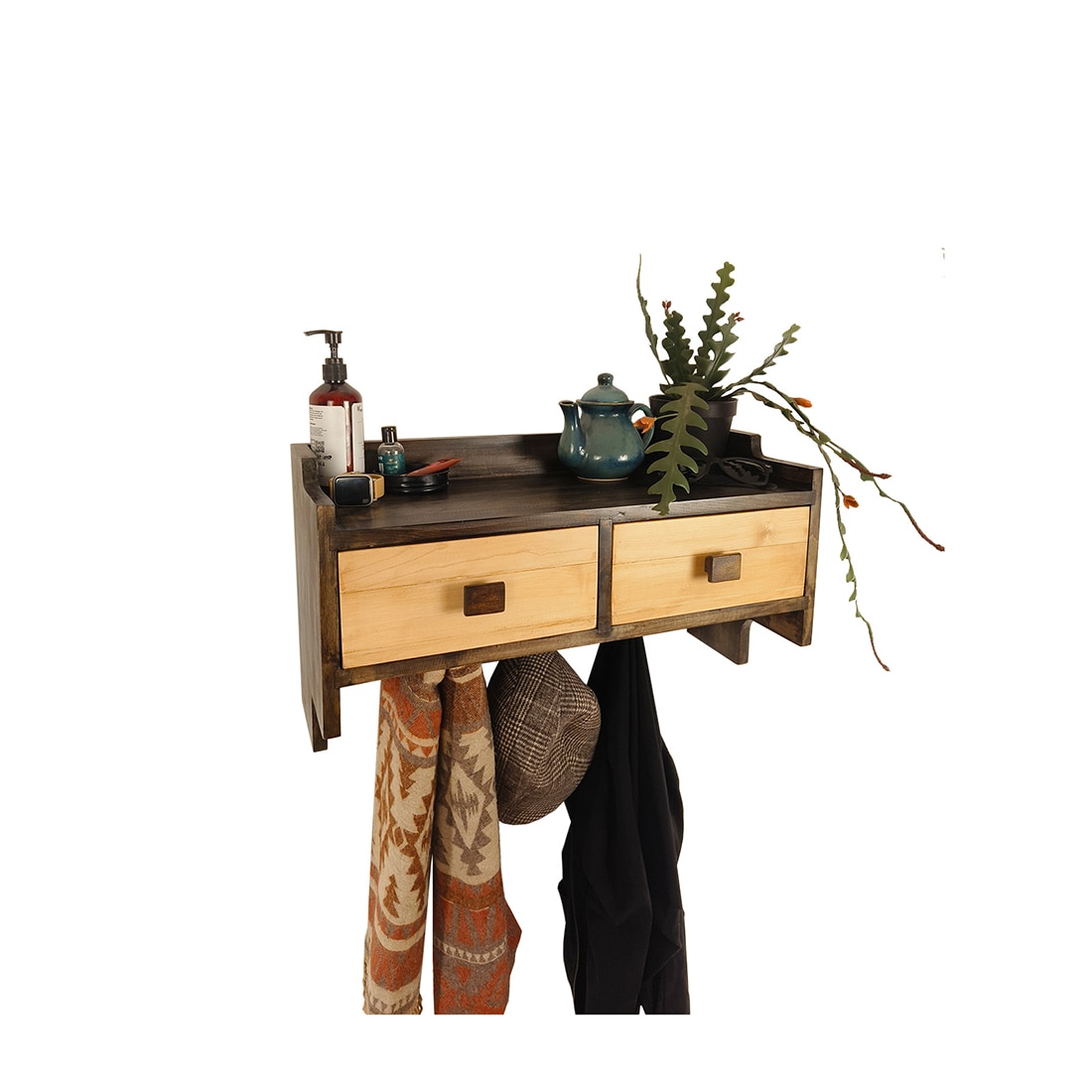 Golden Oak Wooden Wall Shelf With Drawers & Key Holders-image-14