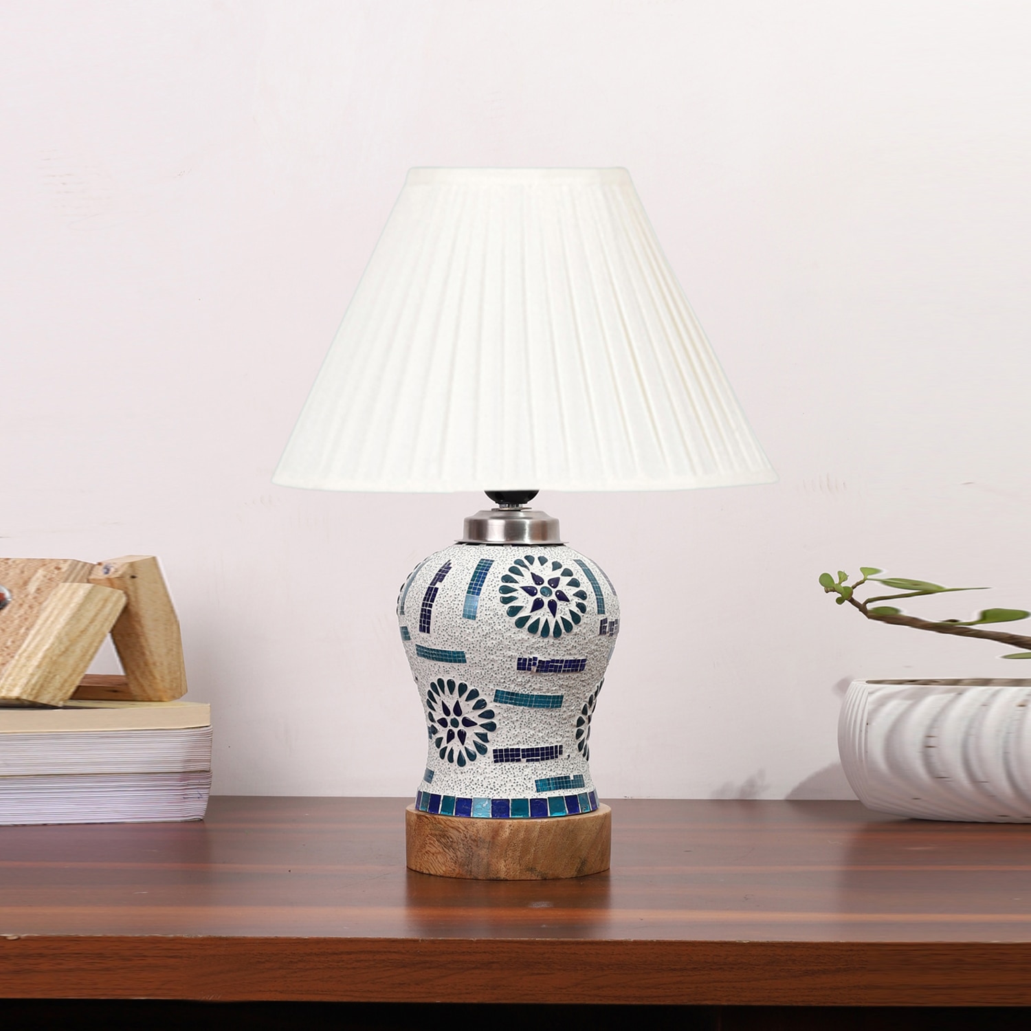 Devansh Off-White Cotton Straight Pleated Shade Lamp With Wood & Mosaic Glass Base For Decoration/Office/Home/Gifting/Study For Decoration/Office/Home/Gifting/Study - Devansh