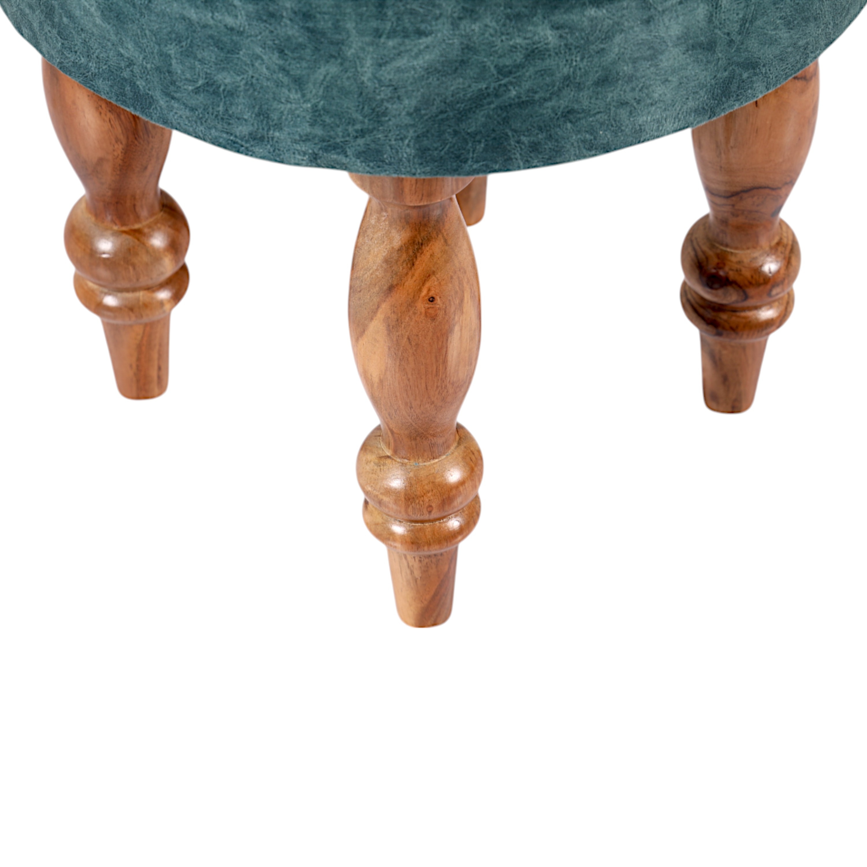 Roswell Sheesham Wood   Round Set of 2 Stools in Blue Jacquard Work Fabric Upholstery