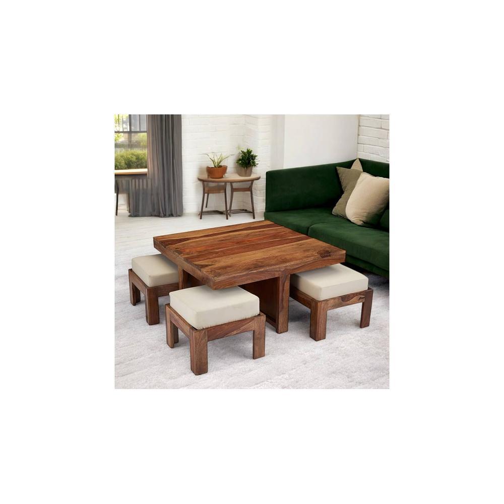 Blane Sheesham Wood Accent Coffee Table Set With 4 Stools In Natural Teak Finish