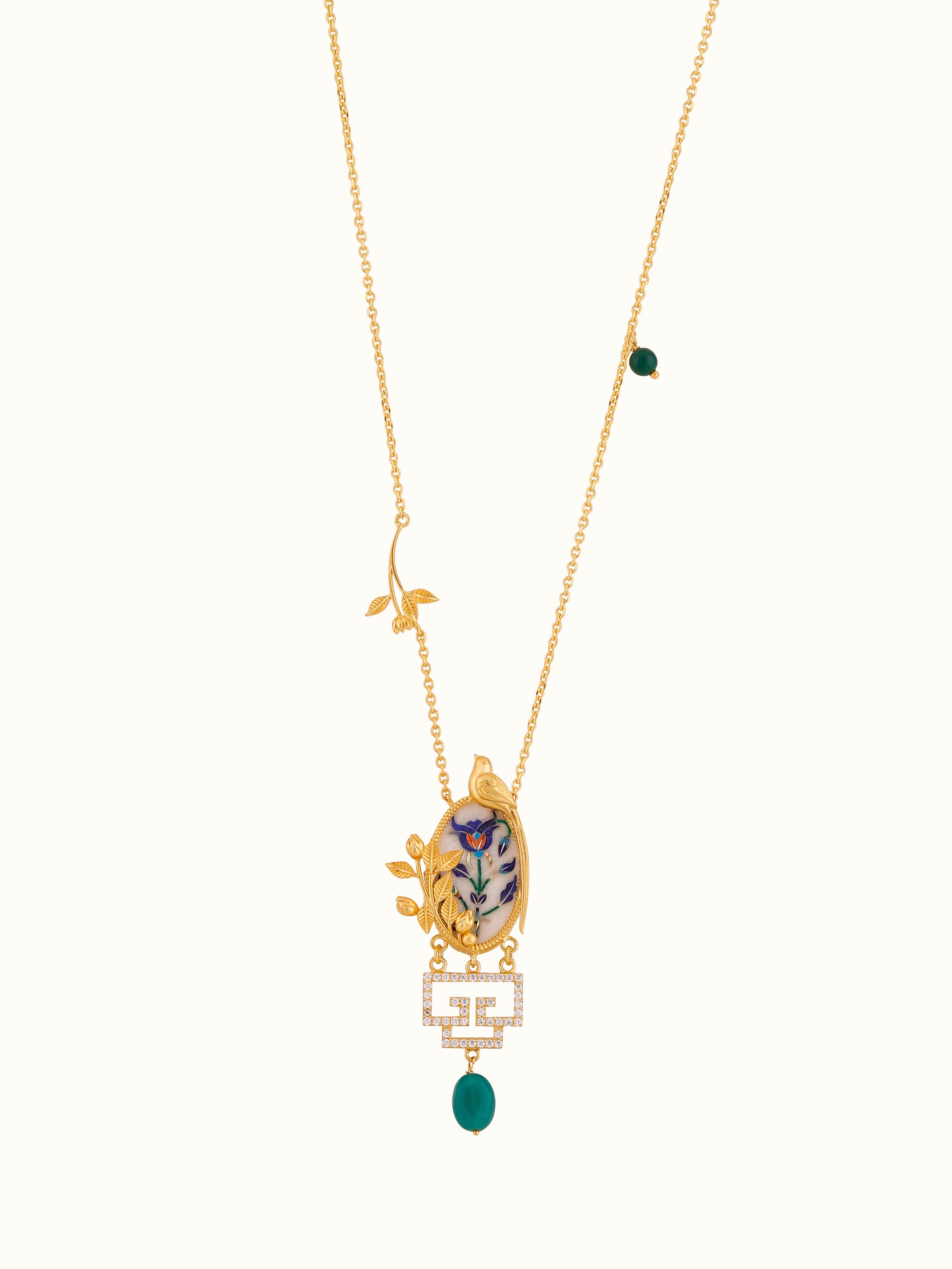 Front view highlighting the intricate silver pendant design