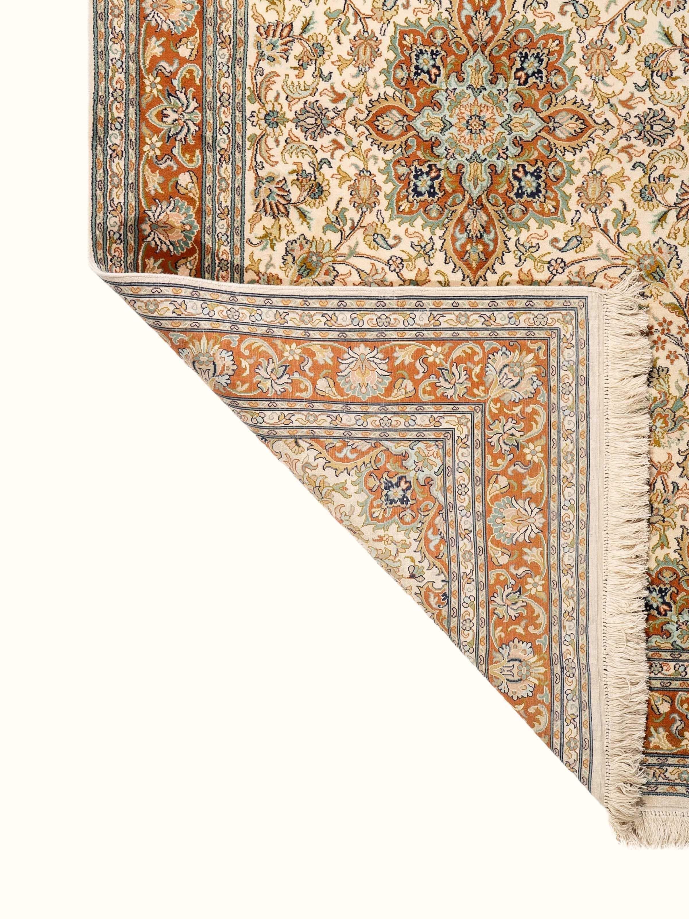 Traditional Persian Ivory Kashan Kashmir Silk Hand-Knotted Carpet